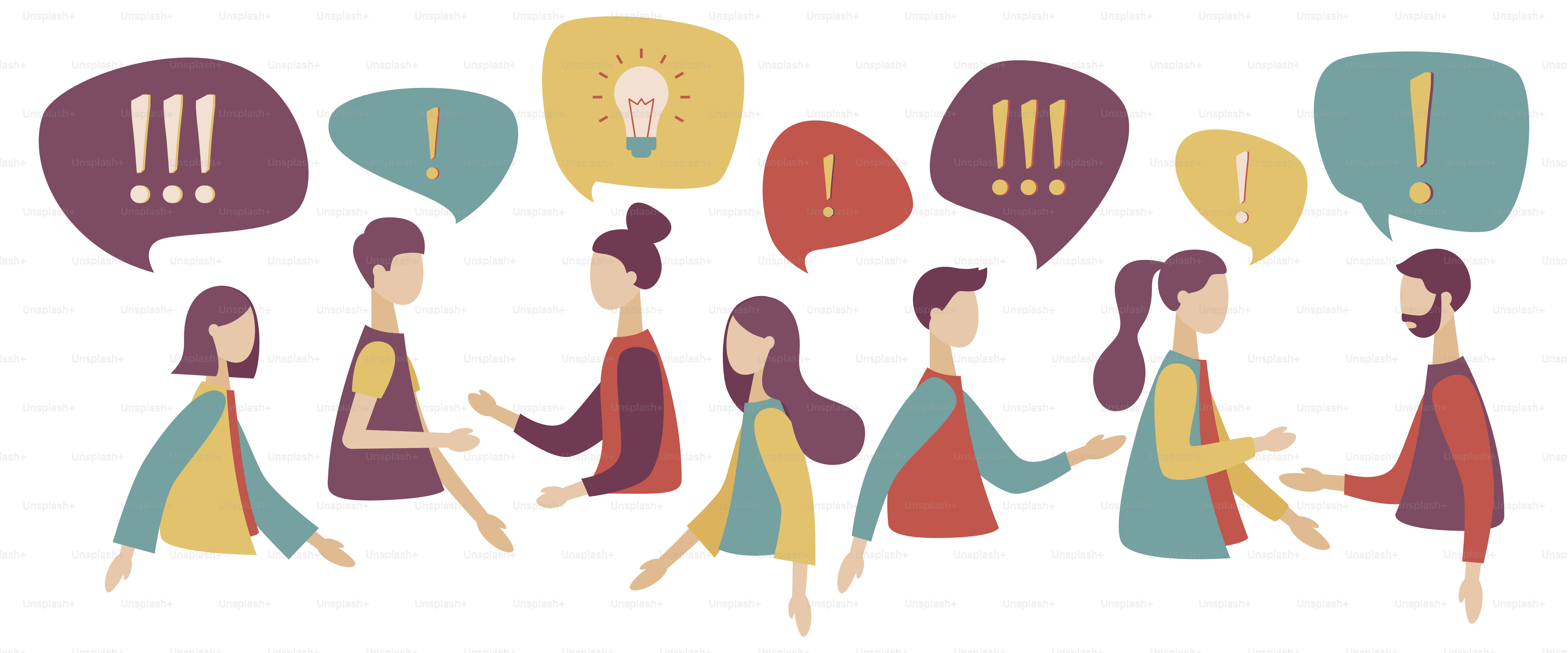People around exclamation. People communication in search of ideas, problem solving. Modern flat cartoon style.