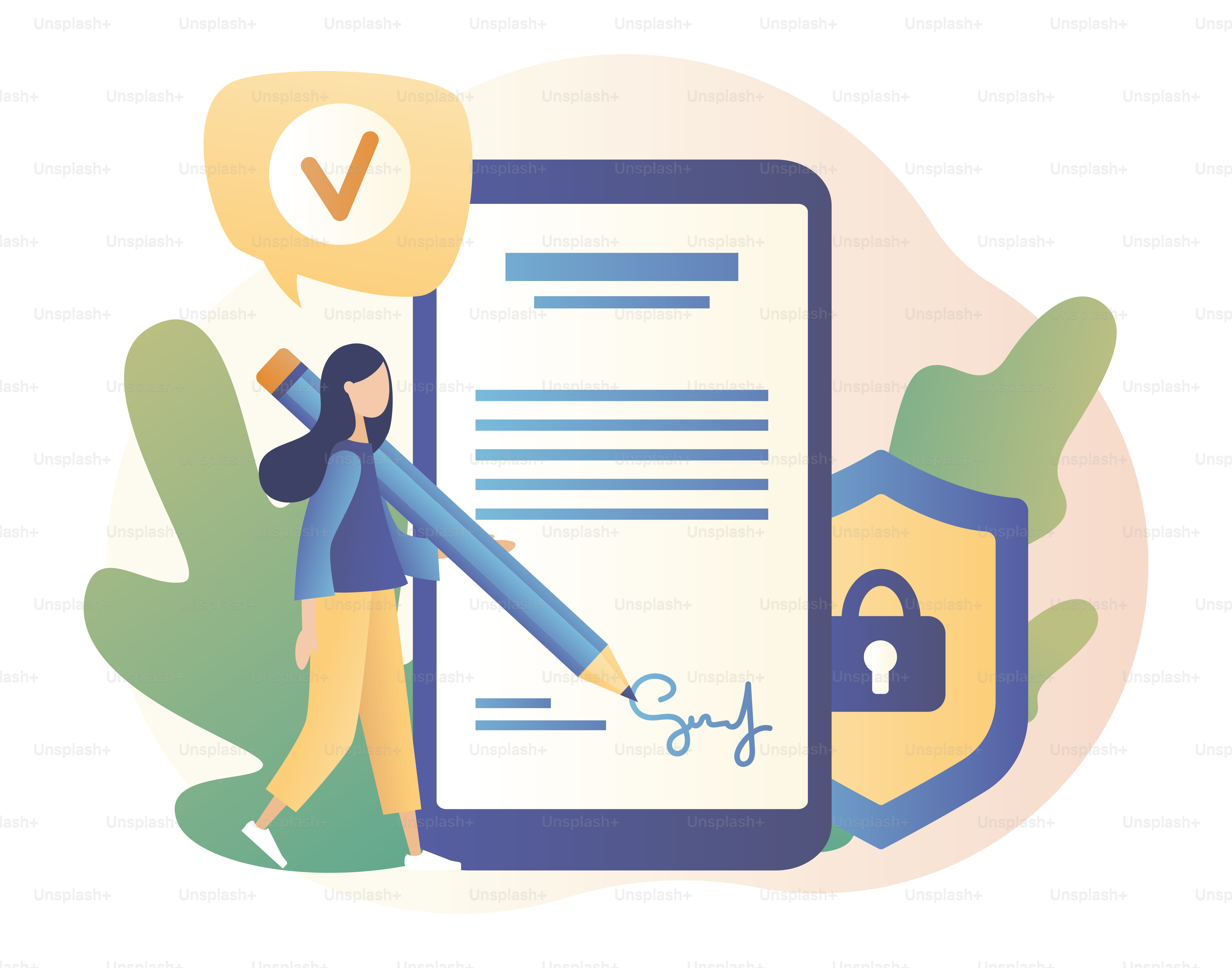 Electronic contract or digital signature concept. Modern flat cartoon style.