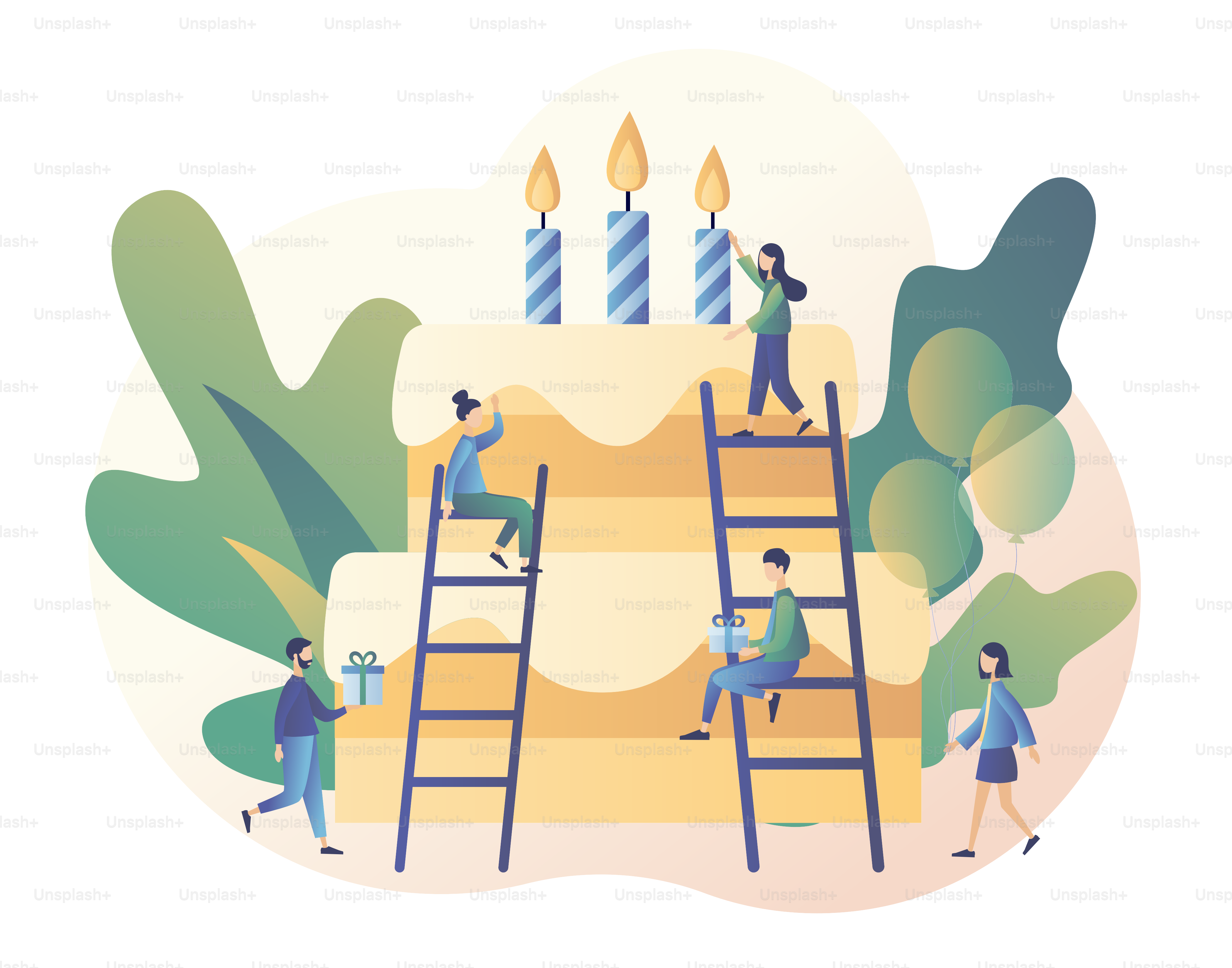 Conceito de feliz aniversário. Pessoas minúsculas preparam bolo de aniversário. Estilo moderno dos desenhos animados planos. Vetor