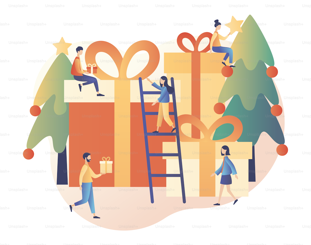 Frohe Weihnachten. Winterferien-Konzept. Winzige Menschen bereiten Weihnachtsgeschenke vor. Moderner flacher Cartoon-Stil. Vektor