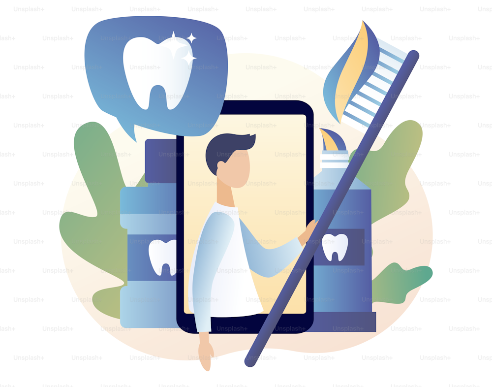 Dental clinic concept. Stomatology and orthodontics medical center. Dental care. Teeth treatment, protect and cleaning teeth. Modern flat cartoon style. Vector
