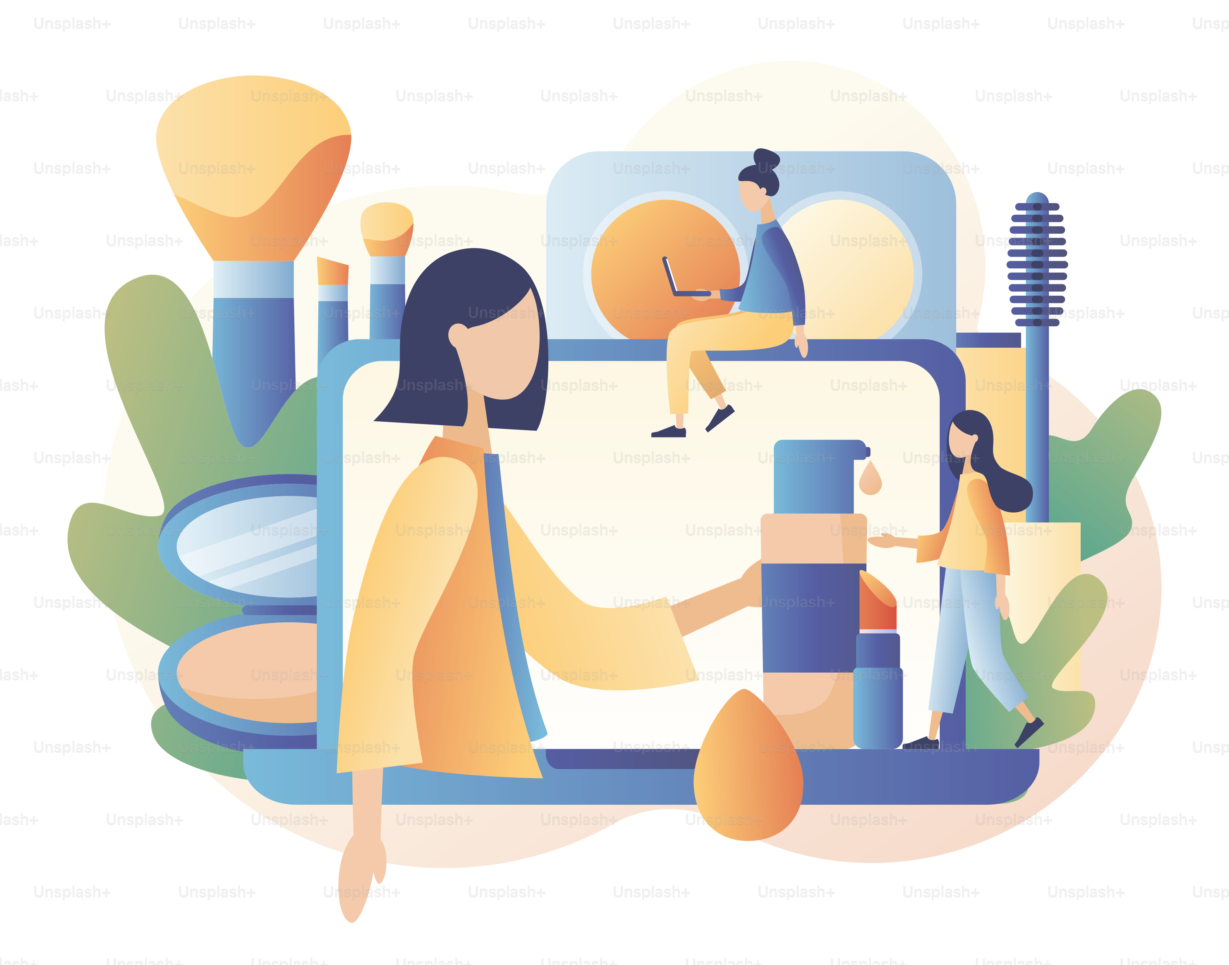 Consepto de maquillaje. Blog de belleza, maquilladora, cuidado facial y belleza. Gente pequeña observa a la bloguera de belleza mostrando un tutorial de maquillaje de moda. Estilo moderno de dibujos animados planos. Ilustración vectorial