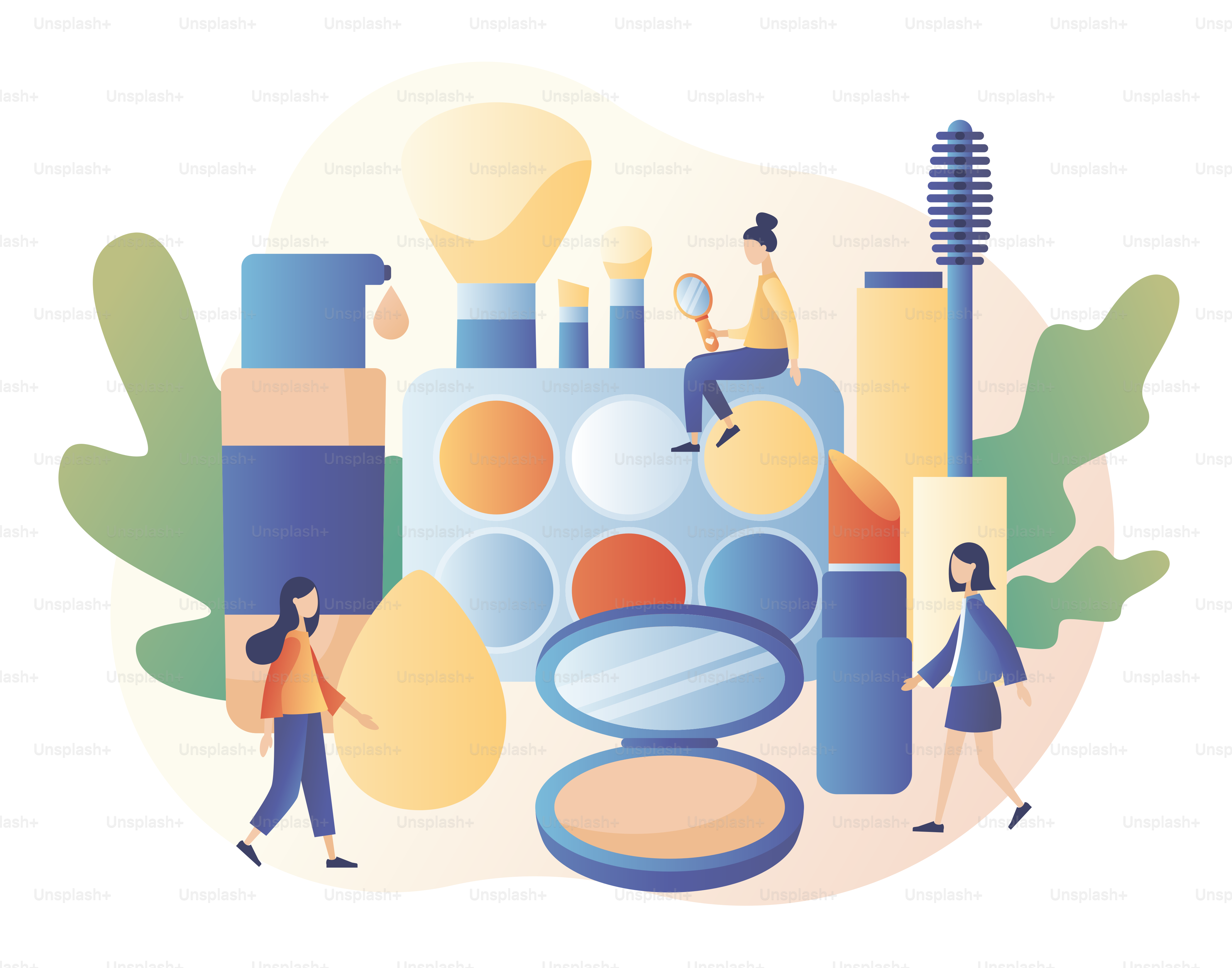 Consept de maquillaje. Blog de belleza, Salón de belleza, Cursos de maquillaje, Maquilladora, Masterclass de cosmética, Cuidado facial y belleza. Estilo moderno de dibujos animados planos. Ilustración vectorial