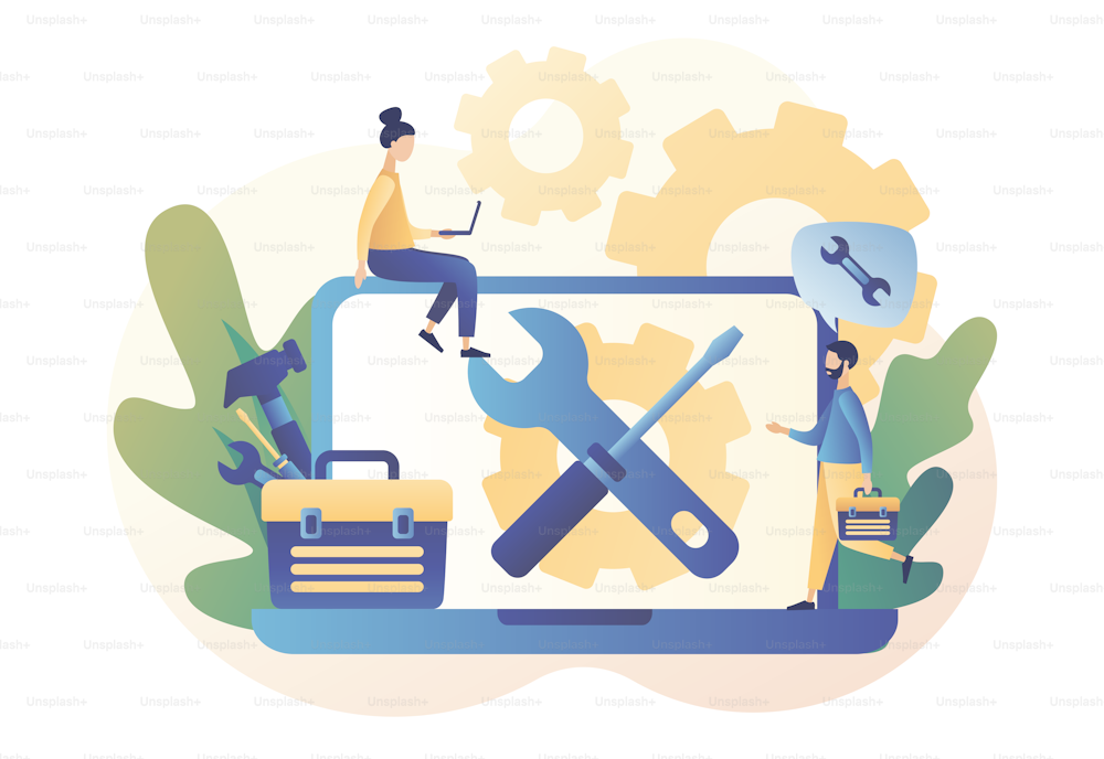 Handyman services. Husband for an hour online. Repairman with tool box. Modern flat cartoon style. Vector illustration