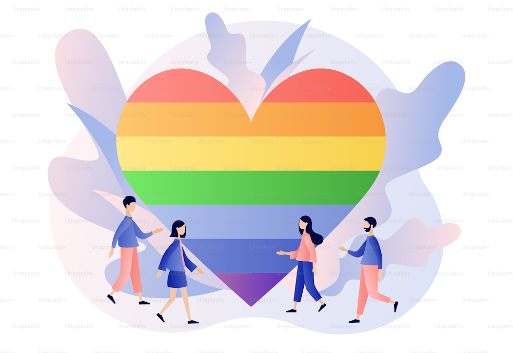 Concepto de movimiento LGBT. El amor es amor. Personas diminutas con corazón de color arco iris. Desfile de amor. Estilo moderno de dibujos animados planos. Ilustración vectorial