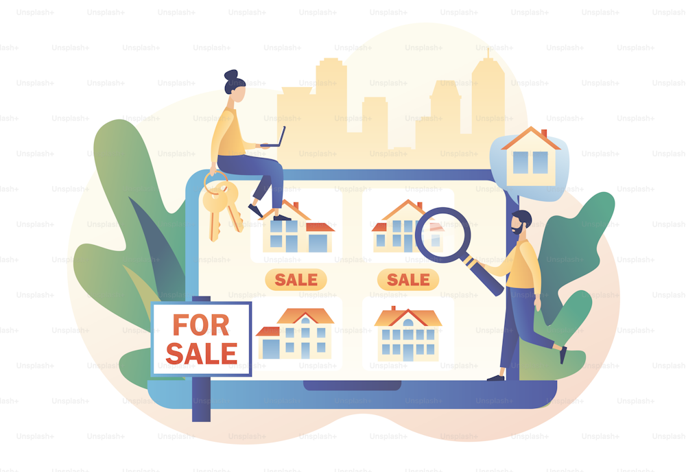Haus zu verkaufen. Immobilien-Geschäftskonzept mit Häusern. Winziger Immobilienmakler oder Makler auf der Suche nach einem Haus auf der Website. Moderner flacher Cartoon-Stil. Vektorgrafik