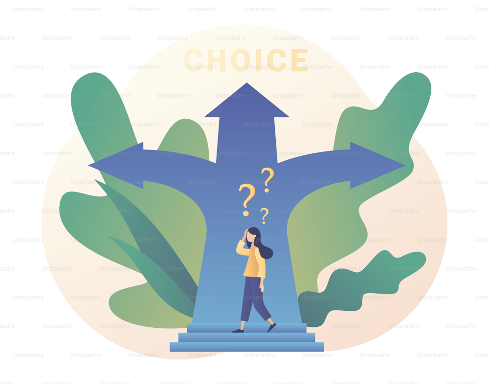 Tiny girl choosing of way. Make your choice. Metaphor alternatives or opportunities, life dilemma, decision making. Modern flat cartoon style. Vector illustration
