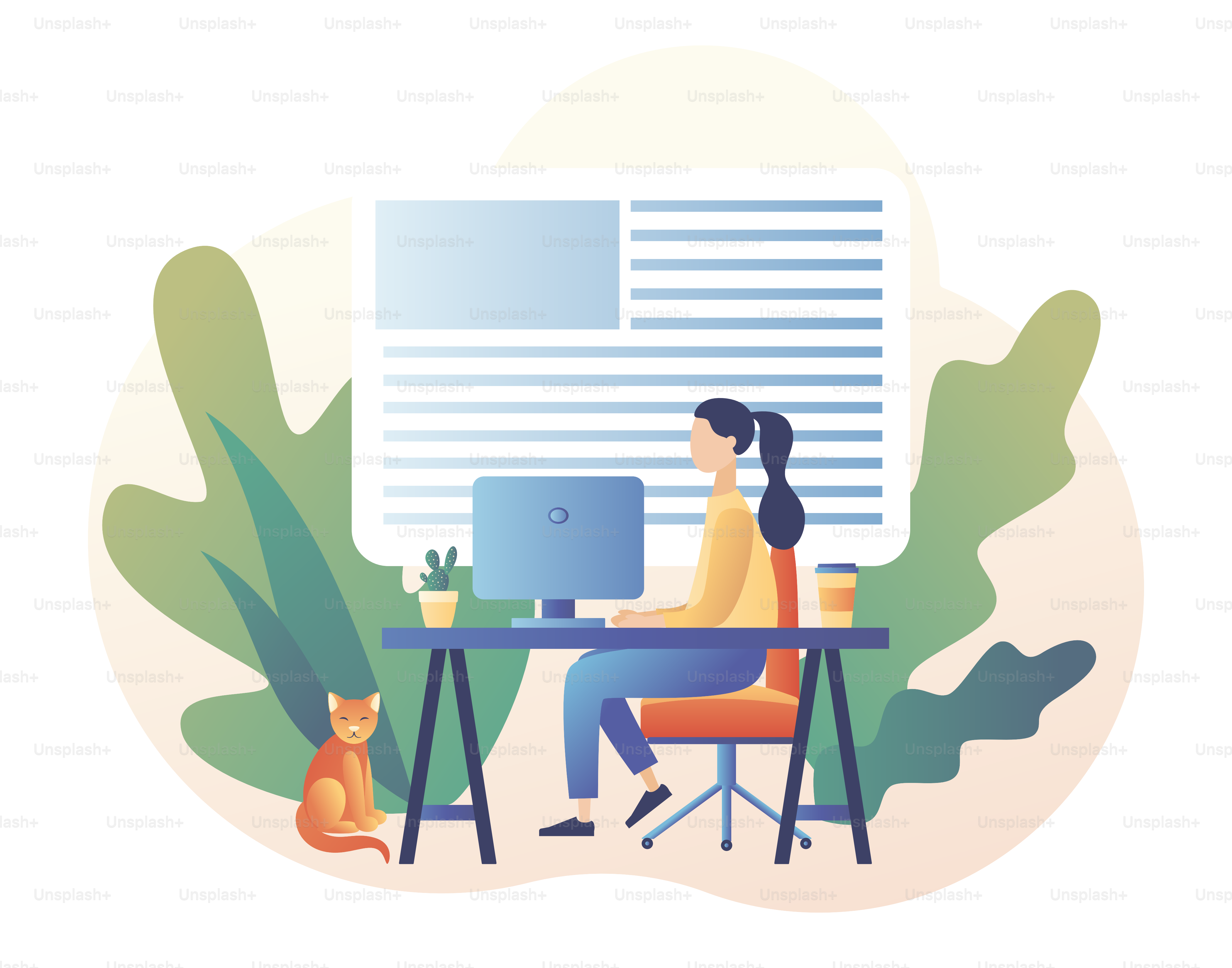 Petite fille travaille dans des conditions confortables à domicile. Concept de travail freelance. Espace de travail. Style dessin animé moderne et plat. Illustration vectorielle
