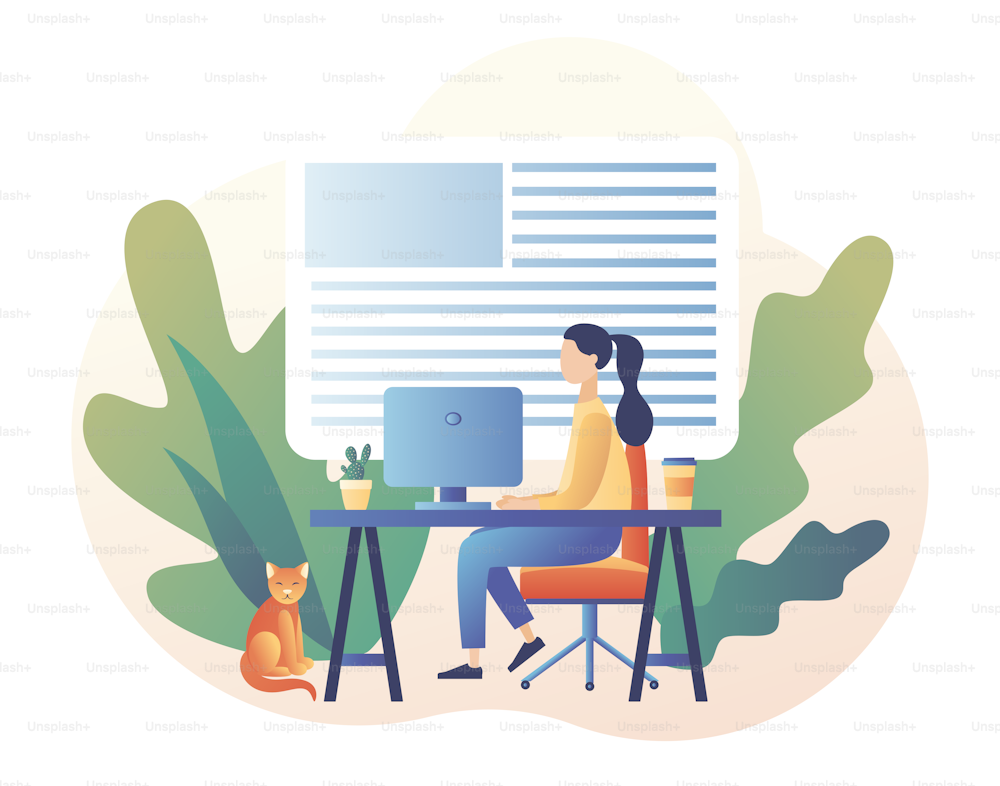 Tiny girl work in comfortable conditions home office. Freelance work concept. Working space. Modern flat cartoon style. Vector illustration