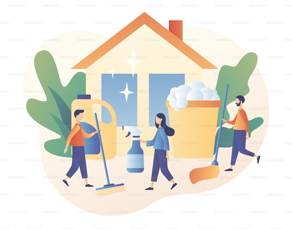 Cleaning service. Tiny people clean house with cleaning tools. Professional hygiene service for domestic households. Modern flat cartoon style. Vector illustration