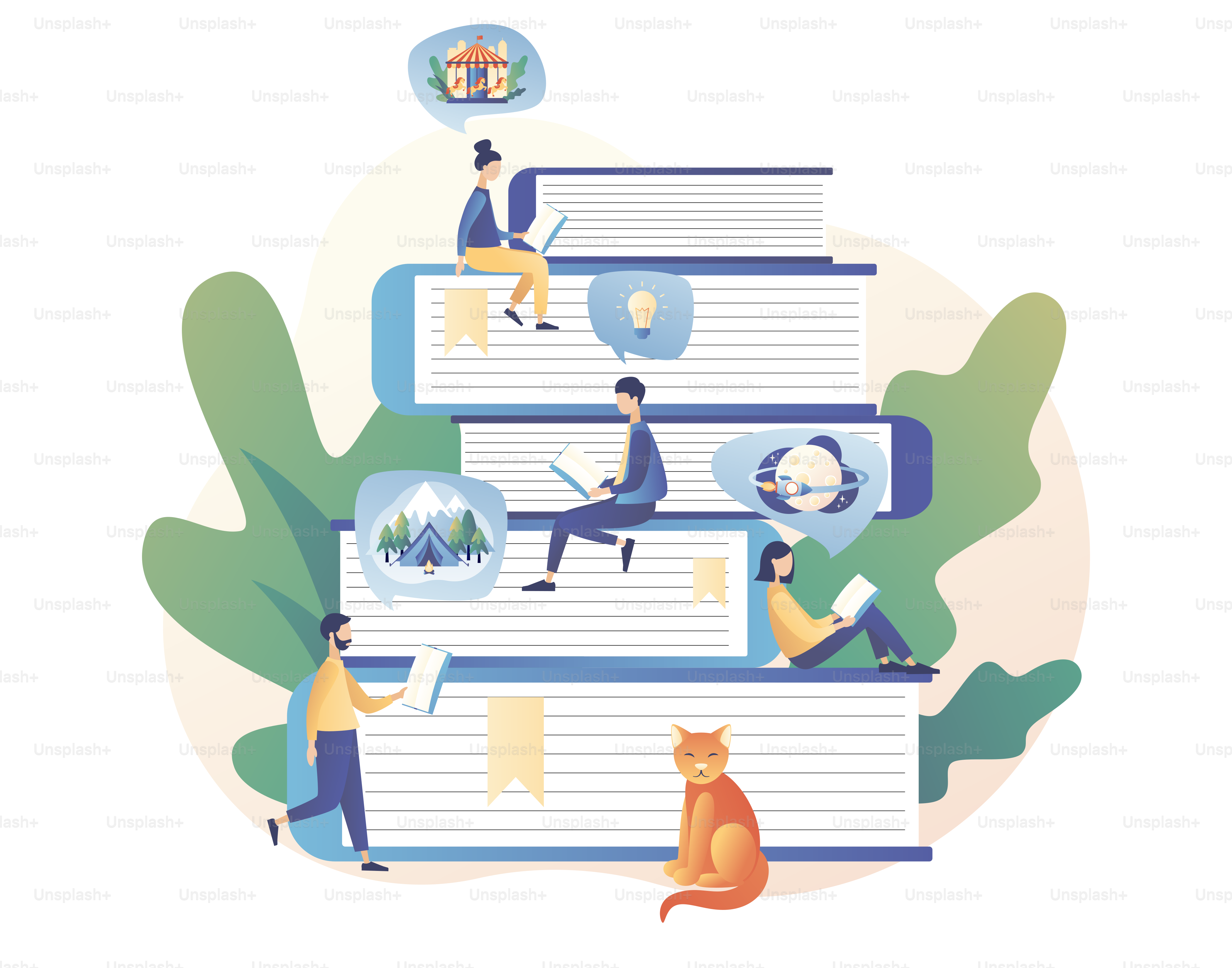 Biblioteca de livros. Pessoas minúsculas lendo livros. Fãs de literatura, e-book, biblioteca de mídia, aprendizado online, aplicativo de leitura. Estilo moderno de desenho animado plano. Ilustração vetorial