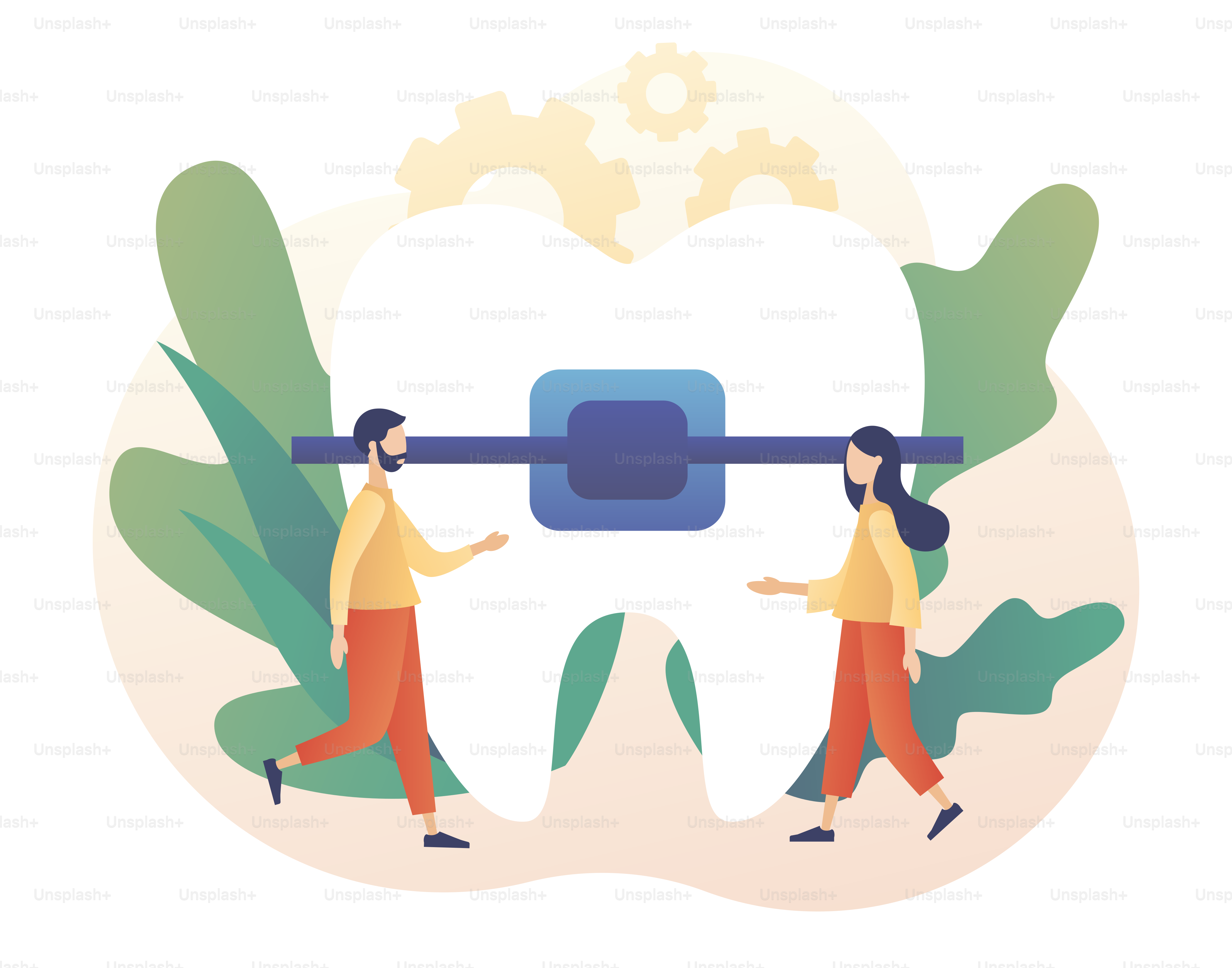 Big tooth with dental braces concept. Orthodontic treatment and cosmetic odontology. Tiny people orthodontist. Modern flat cartoon style. Vector illustration