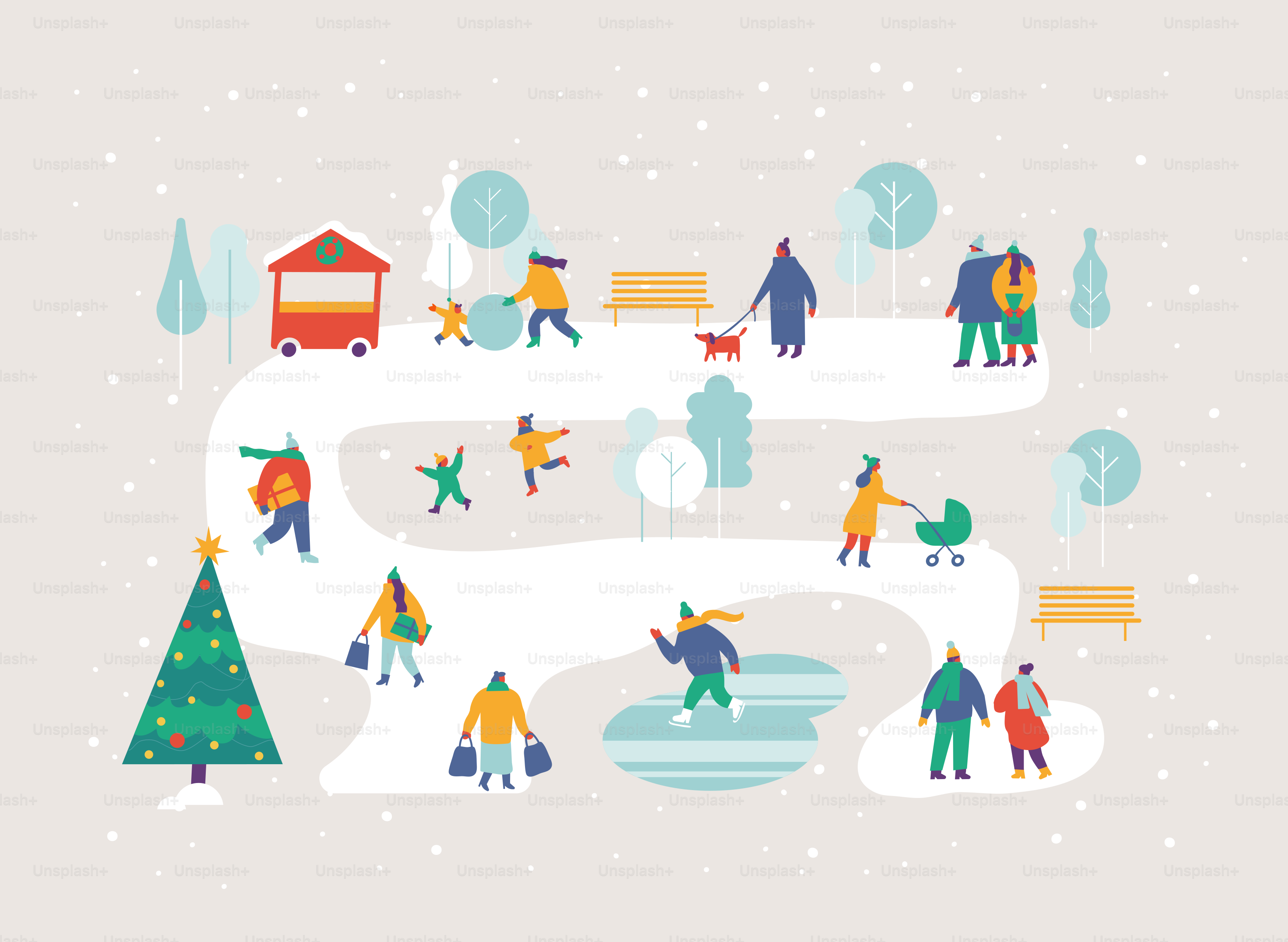 Background people. Winter outdoor activities - skating, skiing, throwing snowballs, building snowman. Flat  Vector people set. Files fully editable.