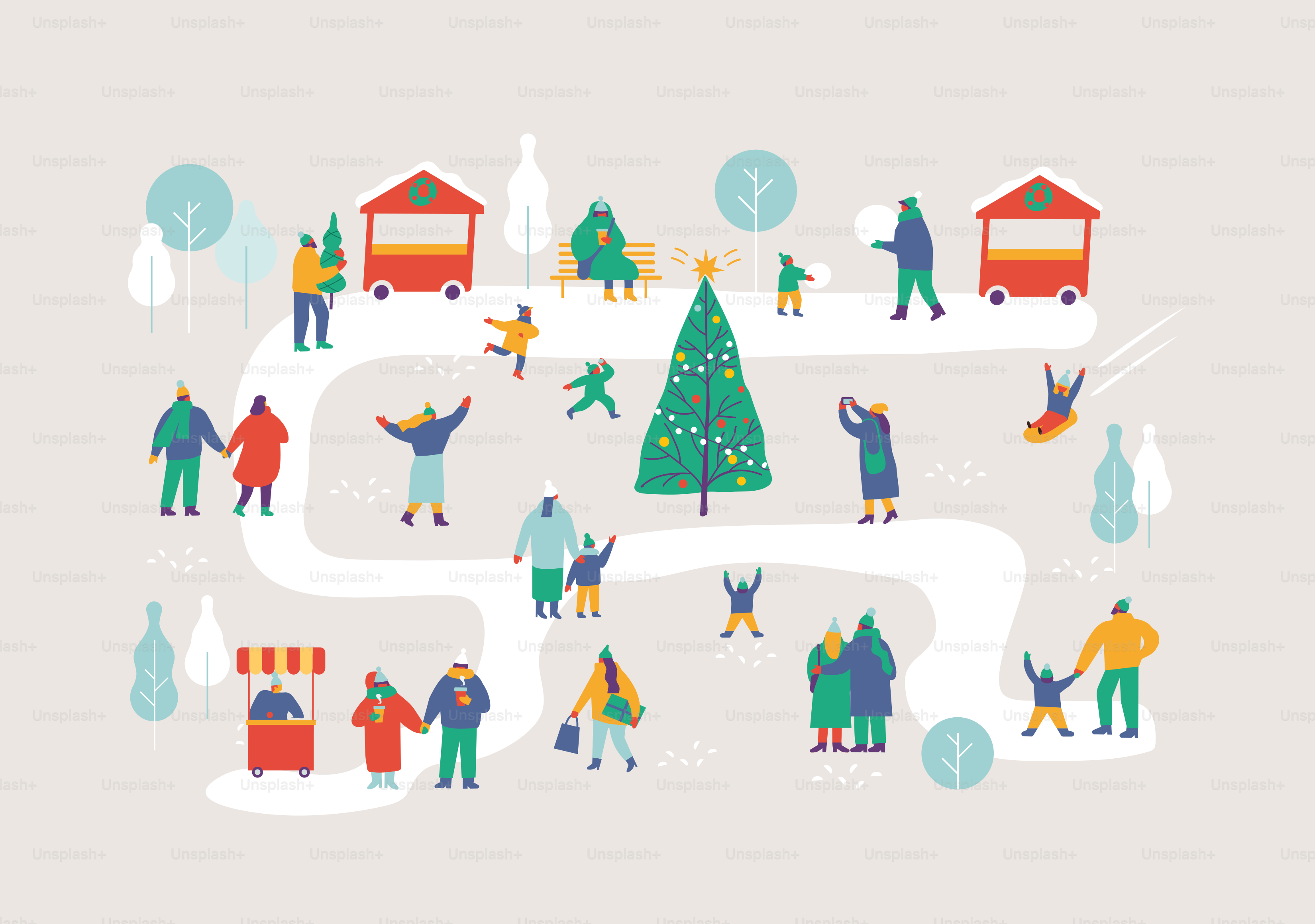 Winter outdoor activities - skating, skiing, throwing snowballs, building snowman. Flat  Vector people set. Files fully editable.