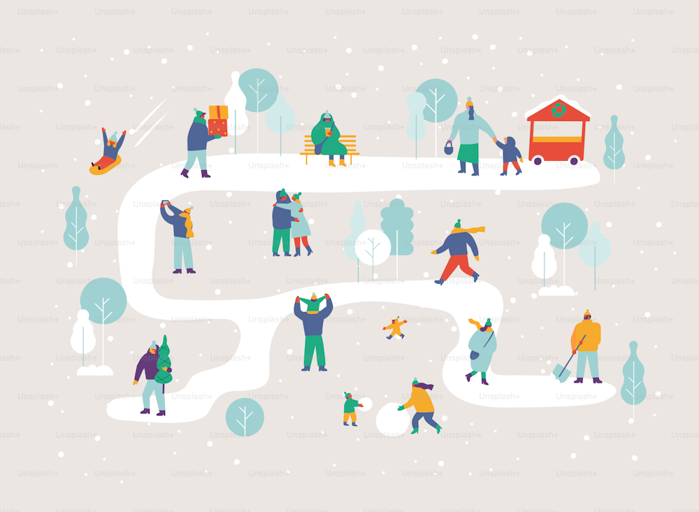 Background people. Winter outdoor activities - skating, skiing, throwing snowballs, building snowman. Flat  Vector people set. Files fully editable.