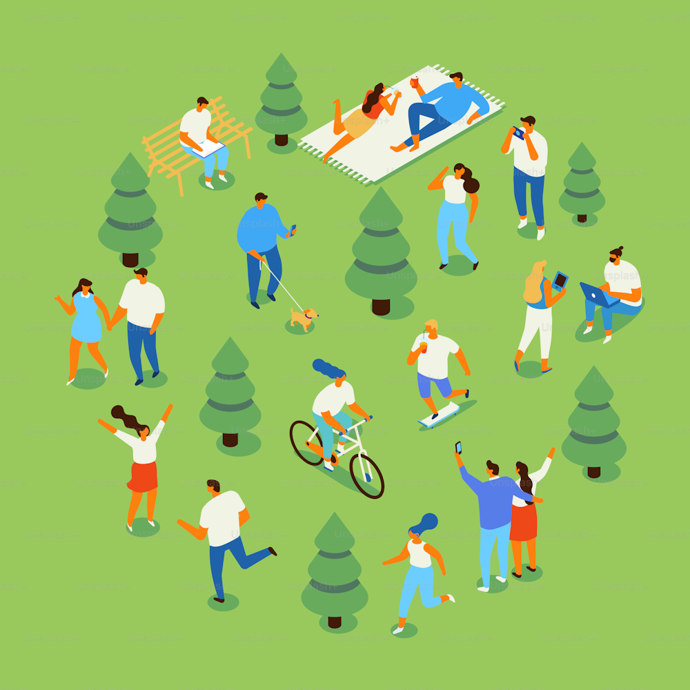 Family picnic and summer rest. People in park leisure and outdoor activity. City park isometry icons of people sitting on bench, playing and reading book vector isometric isolated elements.