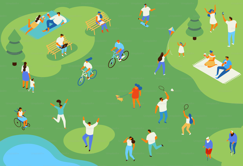 Family picnic and summer rest. People in park leisure and outdoor activity. City park isometric icons of people