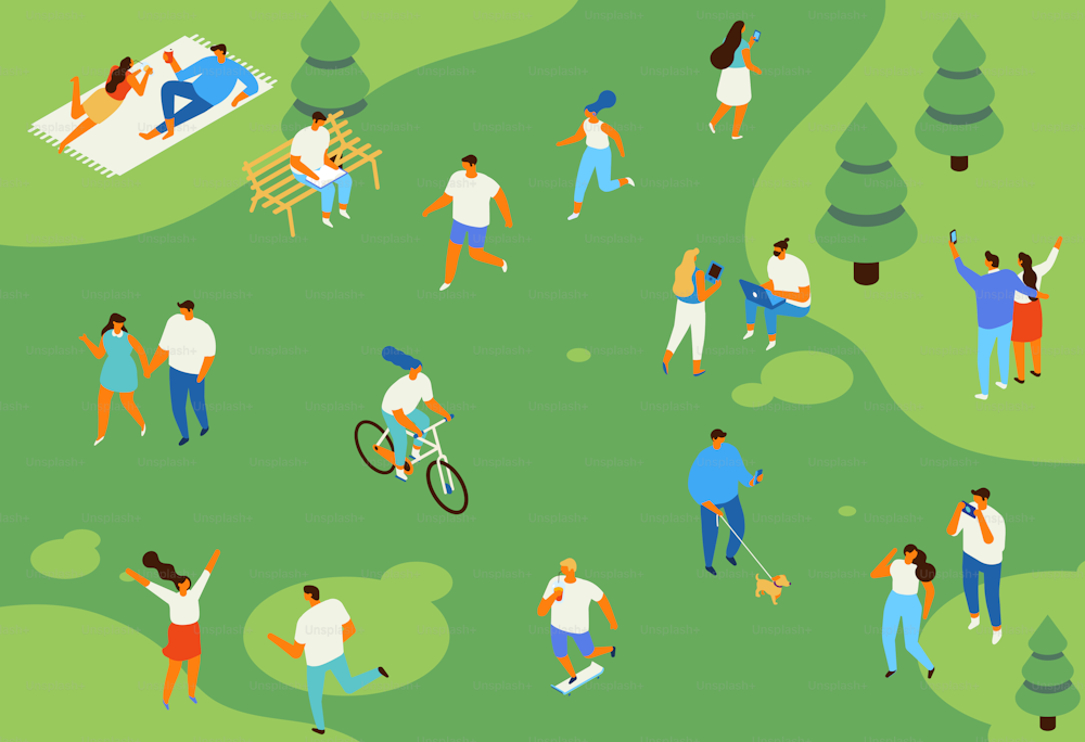 Family picnic and summer rest. People in park leisure and outdoor activity. City park isometric icons of people sitting on bench, playing and reading book vector isometric isolated elements.