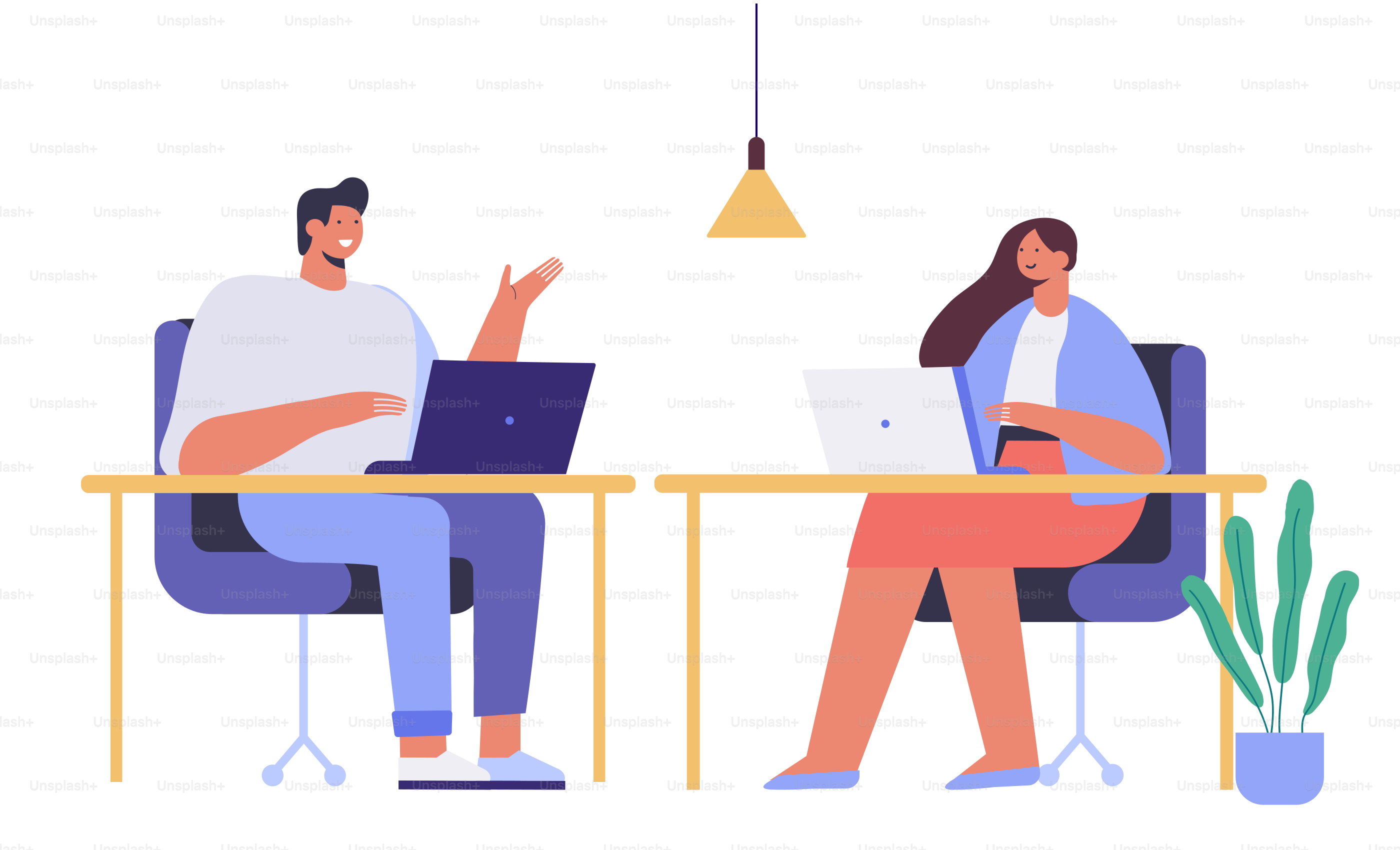 People working Laptop cartoon illustration. Man and woman