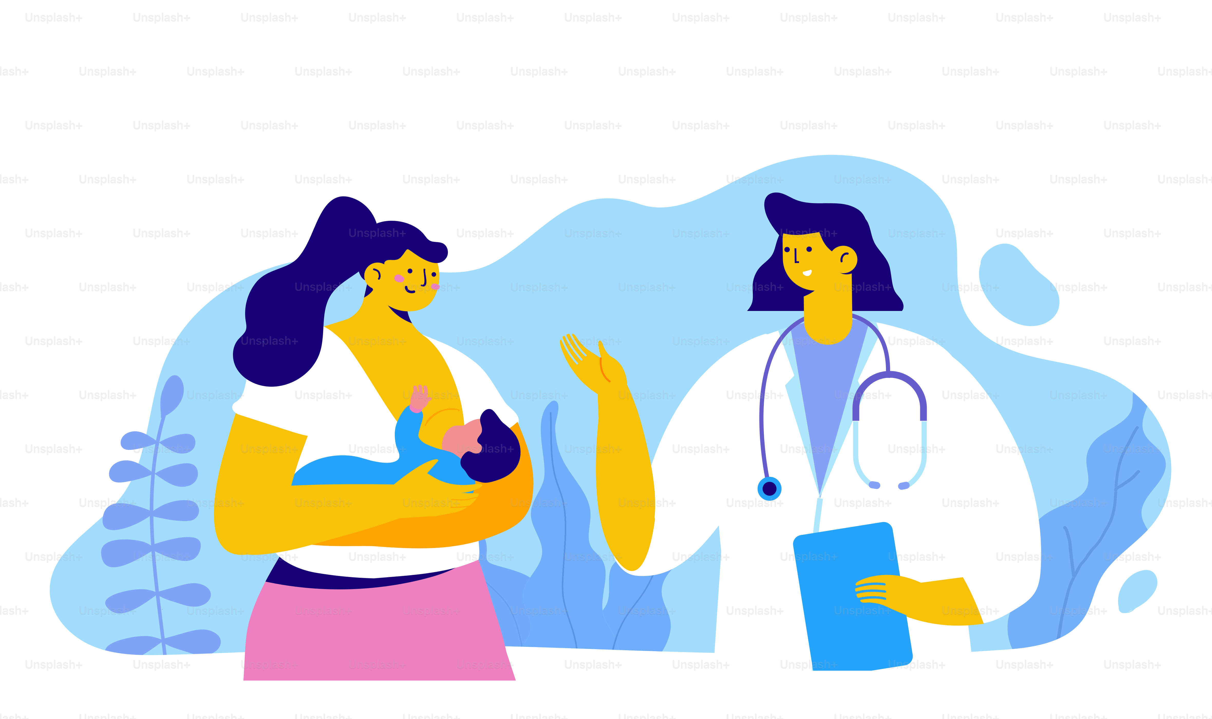 Consultation with a mammalogist or pediatrician. Woman holding and breastfeeding infant baby.  Doctor talking with young mother. Healthcare concept . Flat vector illustration