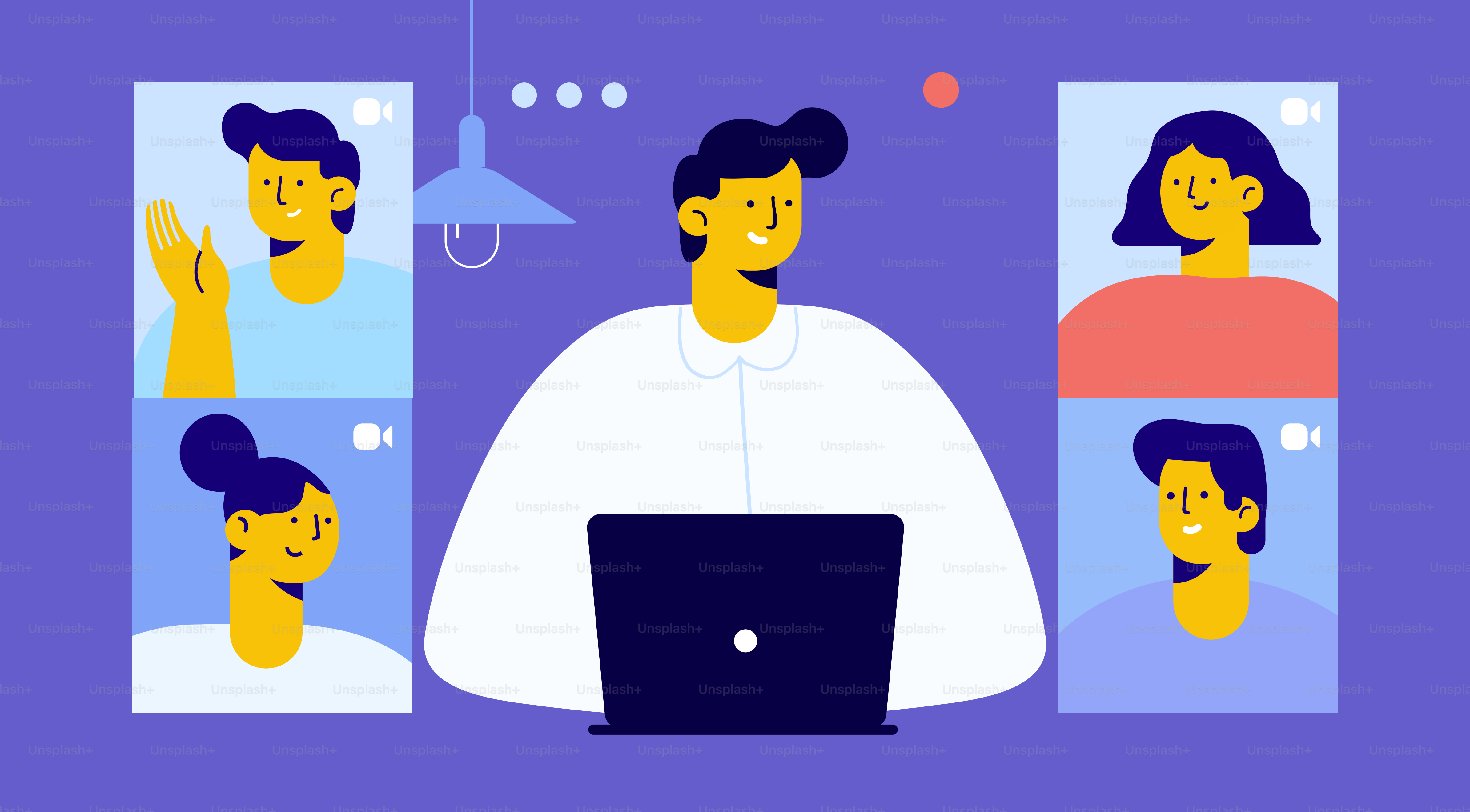 Kollektives virtuelles Treffen. Mann, der online mit Freunden chattet.  Flachvektor-Illustration