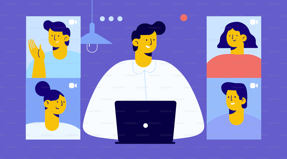 Collective virtual meeting. Man chatting with friends online.  Flat Vector illustration