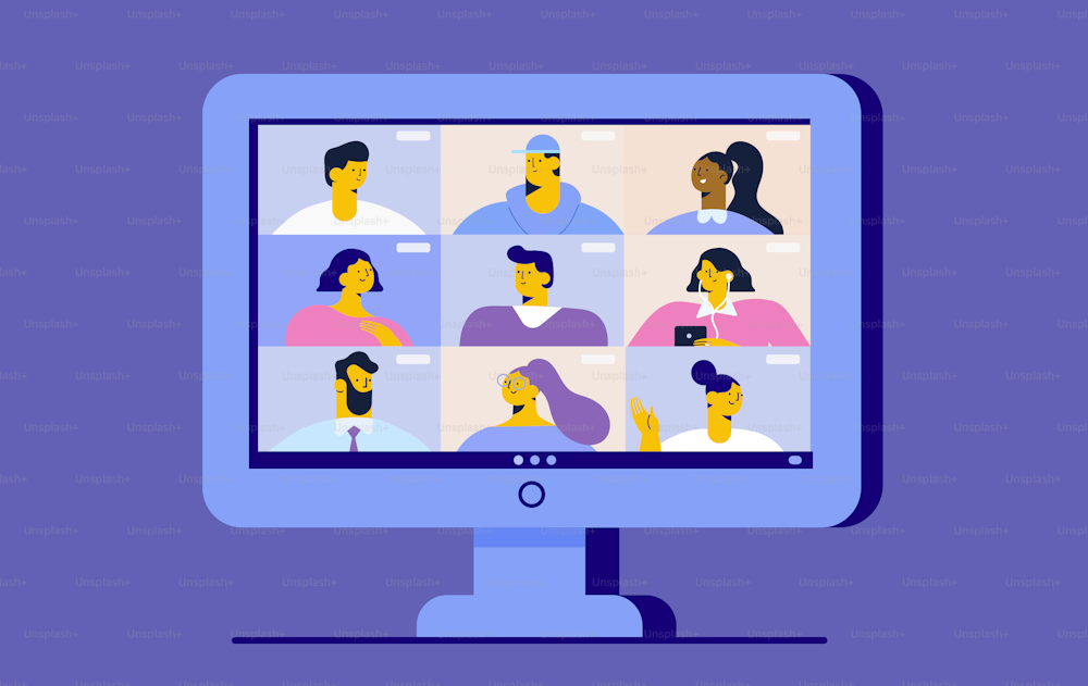 Monitor screen. Group of people talking by internet. Conference video call. Coronavirus, quarantine isolation.
Stream, web chatting, online meeting friends flat vector illustration.