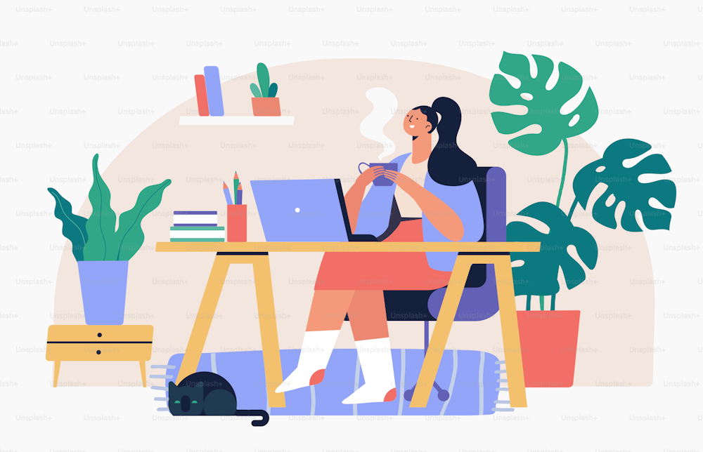 Young woman working at home on laptop. Virtual meeting. Stay home. Online conference. Flat style Vector illustration