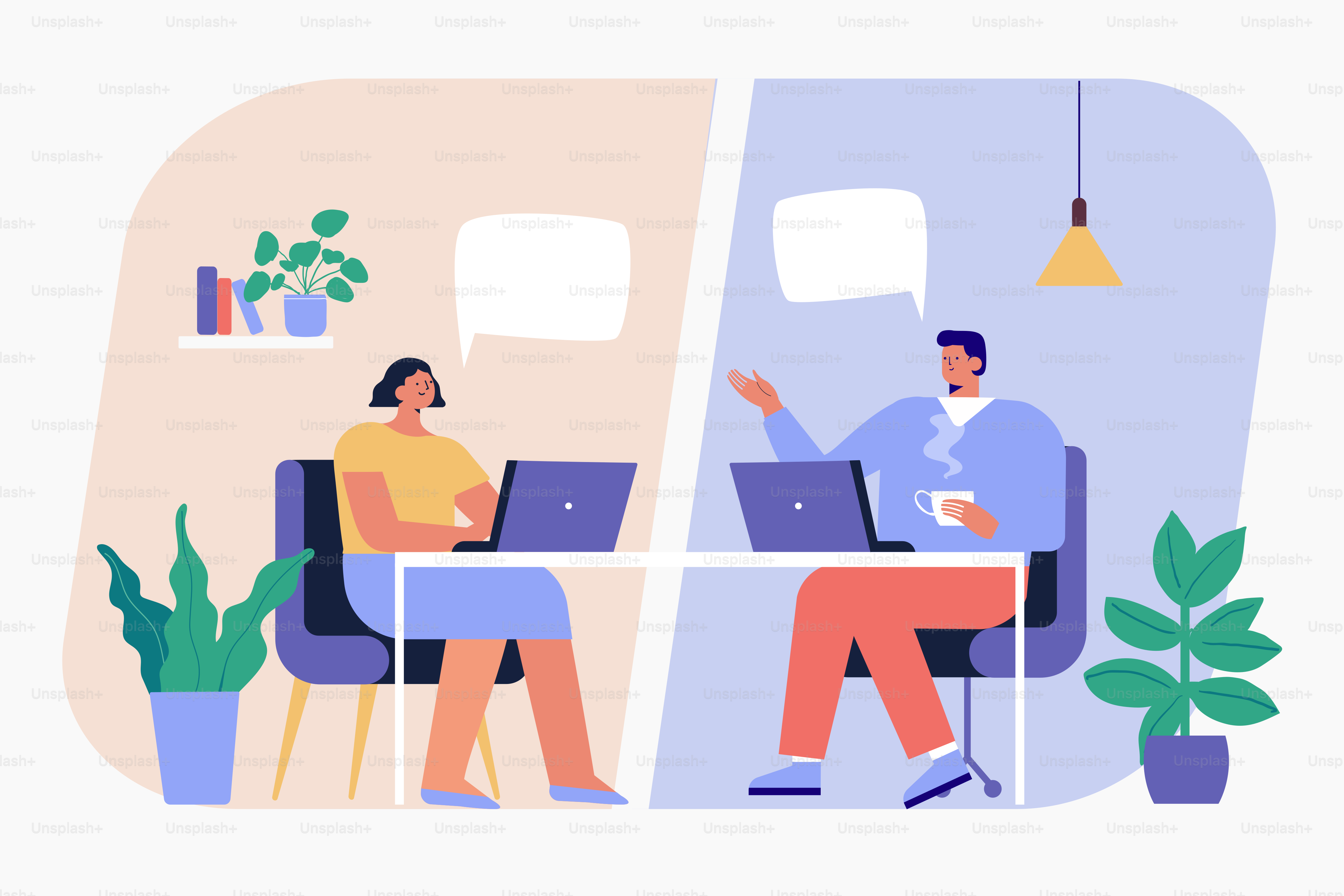 Trabalhando em casa. Reunião virtual. Conferência online. Jovens trabalhando em laptops e computadores em casa. Pessoas em casa em quarentena. Ilustração vetorial em estilo plano