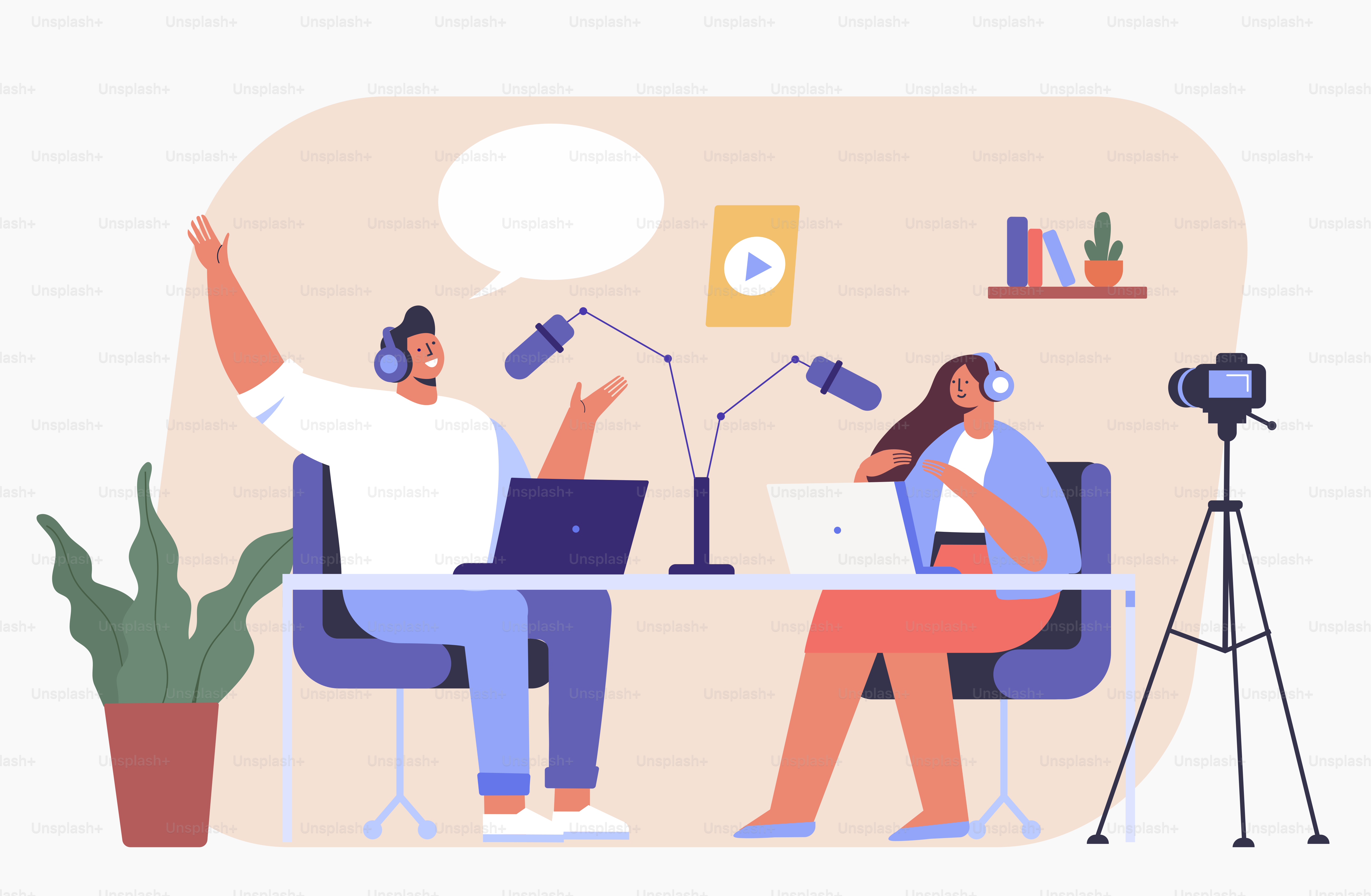 Blogger podcaster streaming. Interview, podcast, Live streaming, broadcast, radio host flat vector illustration. Bloggers cartoon characters