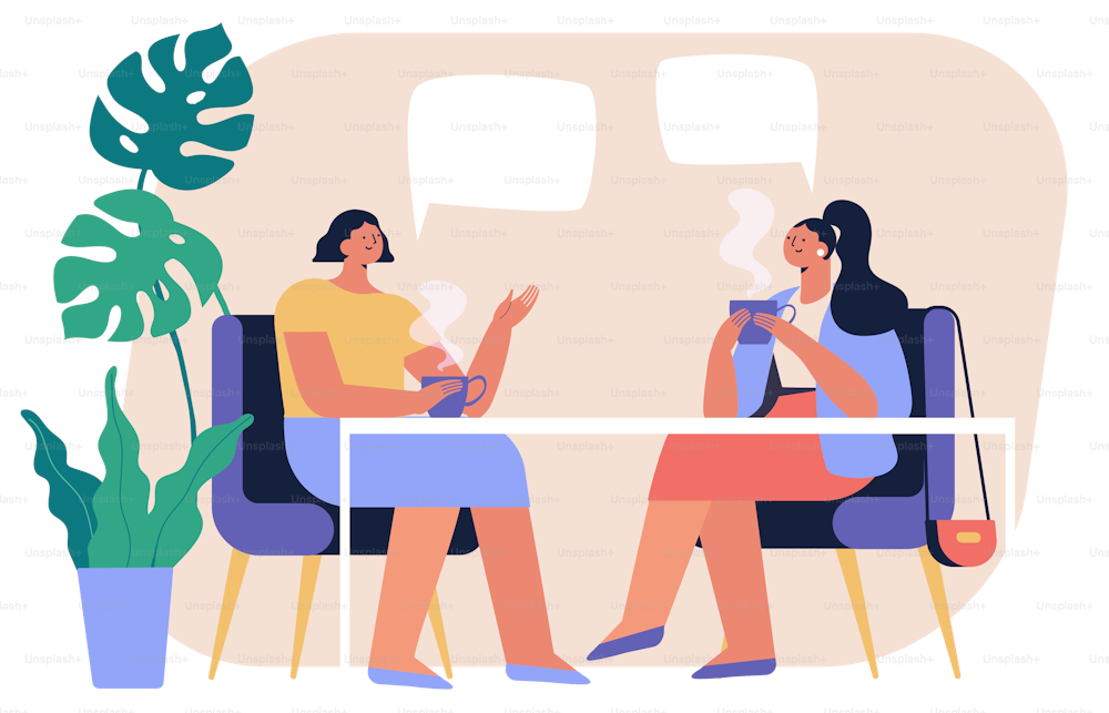 Dos mujeres jóvenes bebiendo té o café y hablando en un café. Amistad, comunicación. Ilustración de vector plano