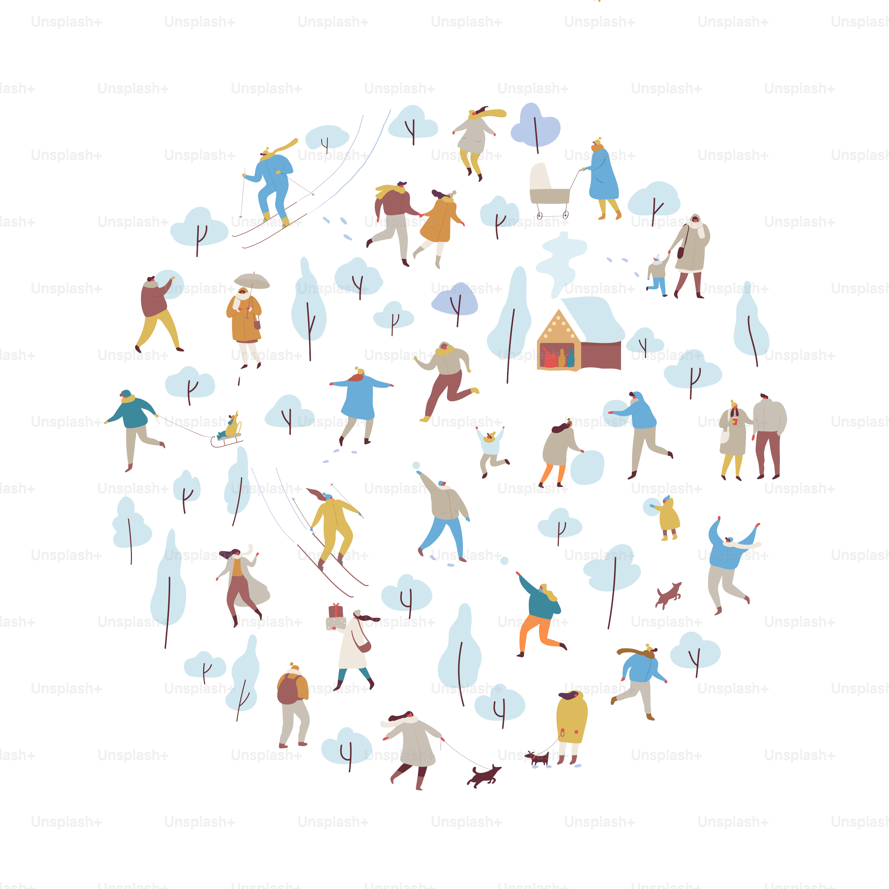 Crowd of happy people in warm clothes. winter outdoor activities - skating, skiing, throwing snowballs, building snowman.