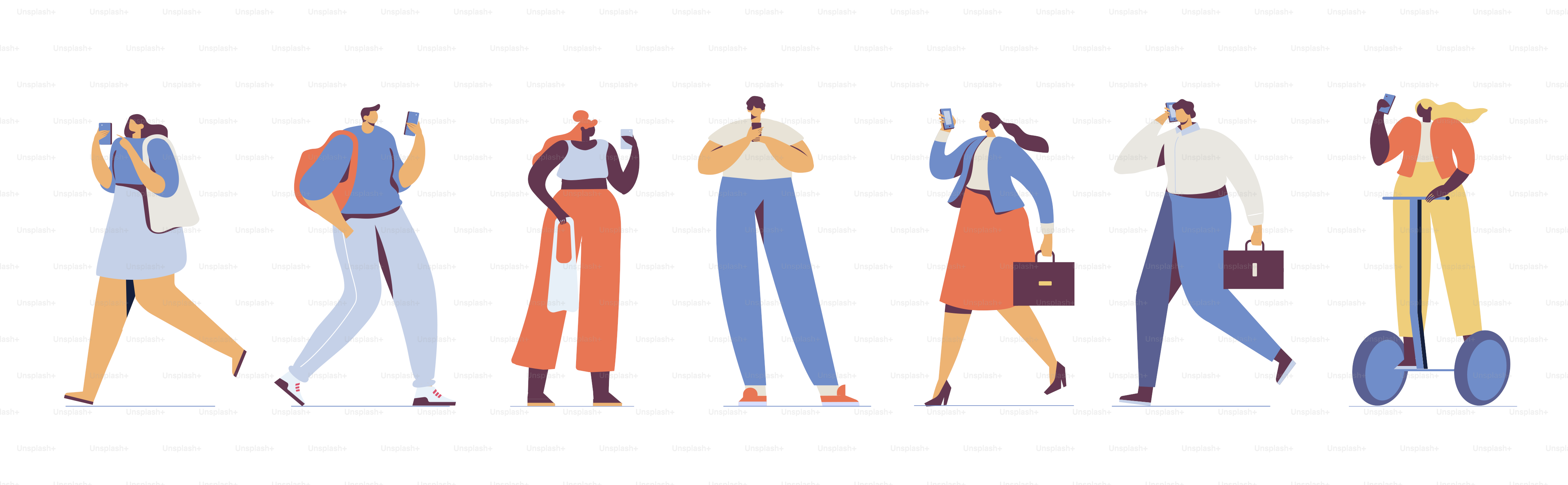 Groupe de personnages de dessins animés masculins et féminins avec des téléphones portables. Caractères vectoriels plats isolés sur fond blanc