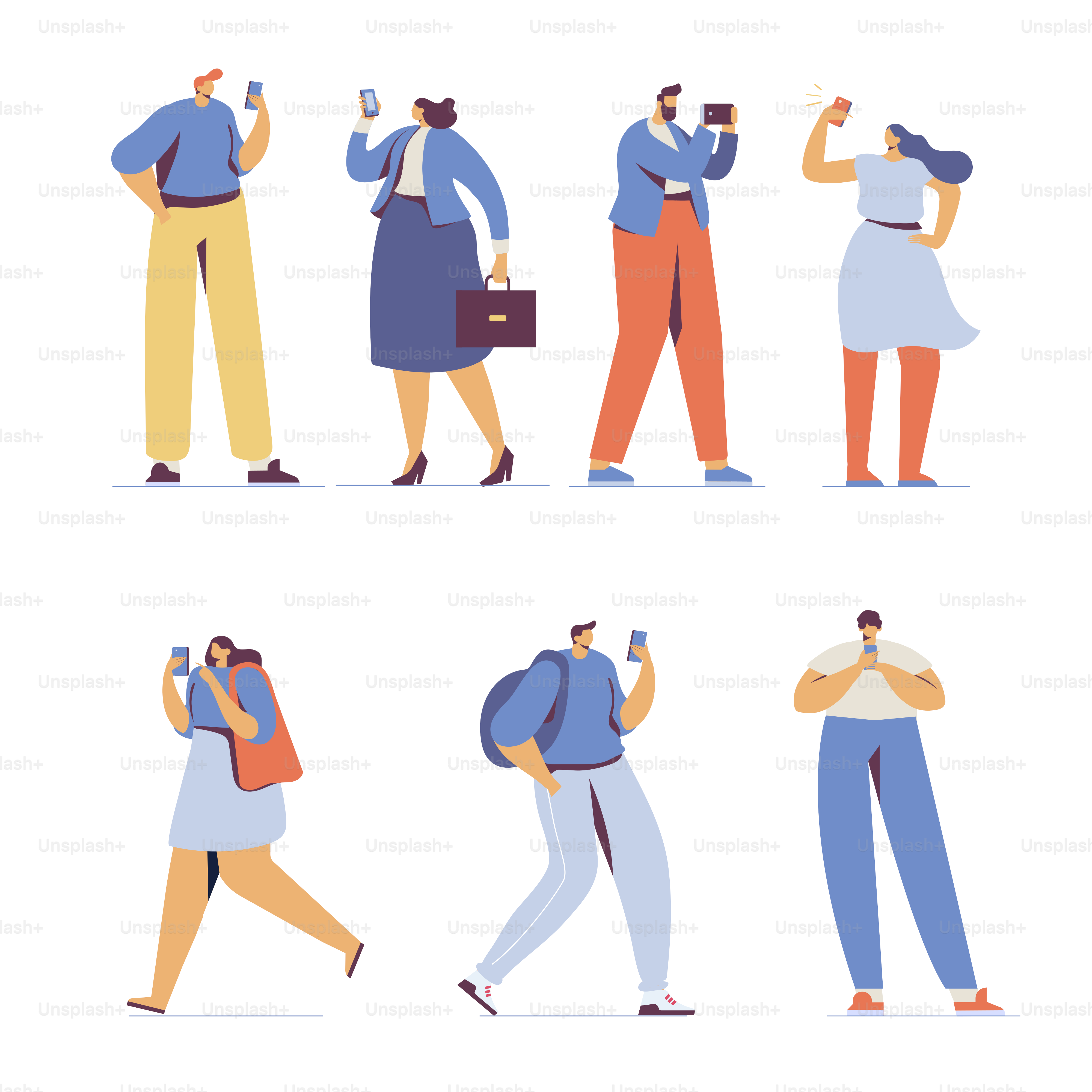 Groupe de personnages de dessins animés masculins et féminins avec des téléphones portables. Caractères vectoriels plats isolés sur fond blanc