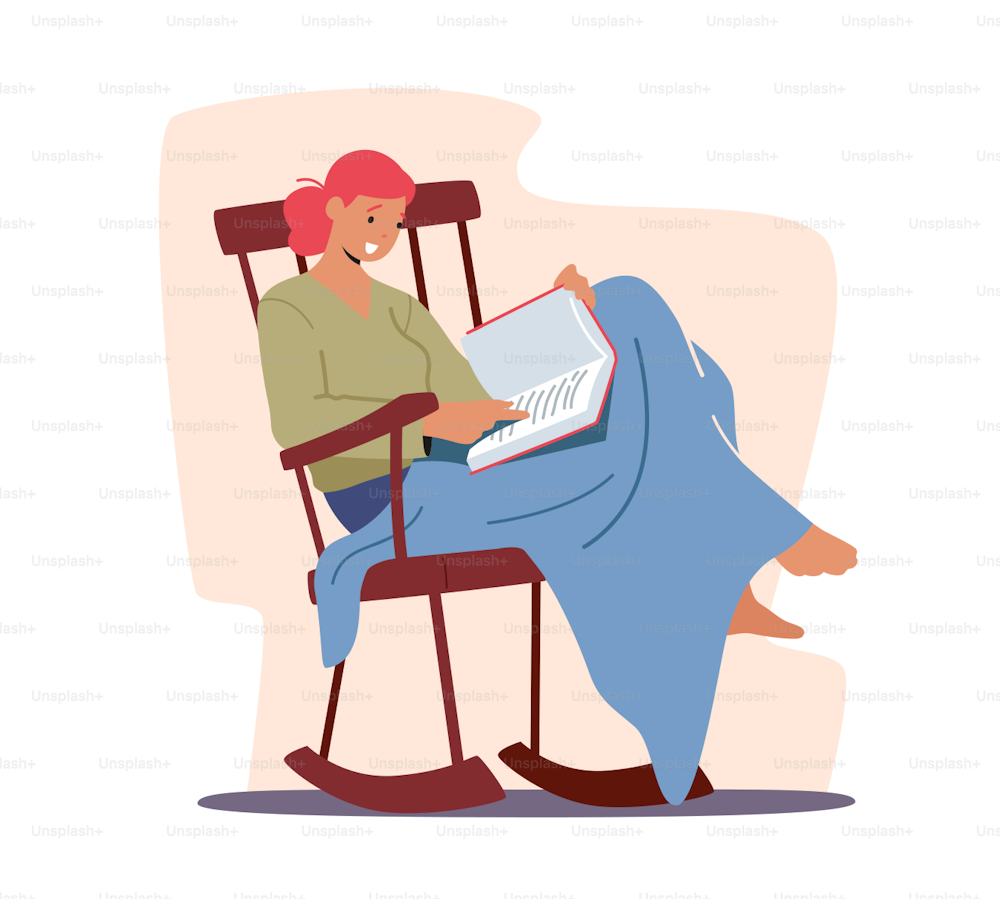 Entspannte junge Frau, die zu Hause auf einem gemütlichen hölzernen Rollstuhl oder Sessel sitzt, liest ein interessantes Buch. Bücher lesen Hobby, Leser tief eintauchen in die Fantasiewelt, entspannen. Cartoon-Vektor-Illustration