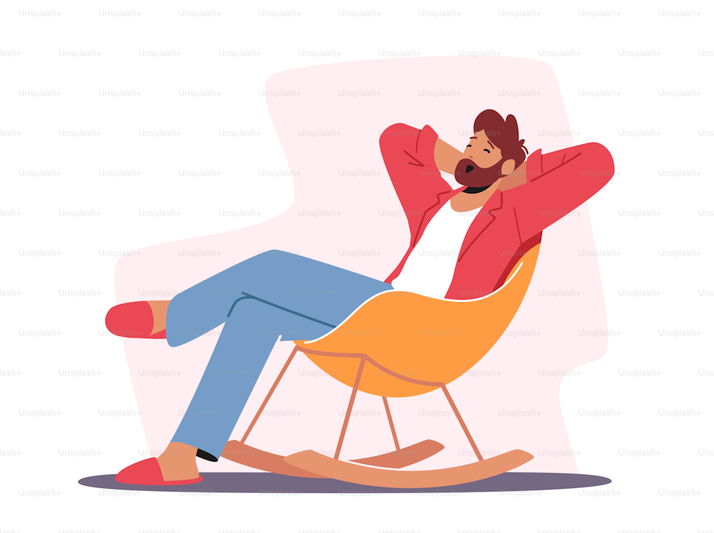 Relaxed Male Character in Home Clothes and Slippers Sitting in Comfortable Chair Yawning, Man Leisure at Home after Work or Weekend. Furniture Design, Relaxing Sparetime. Cartoon Vector Illustration