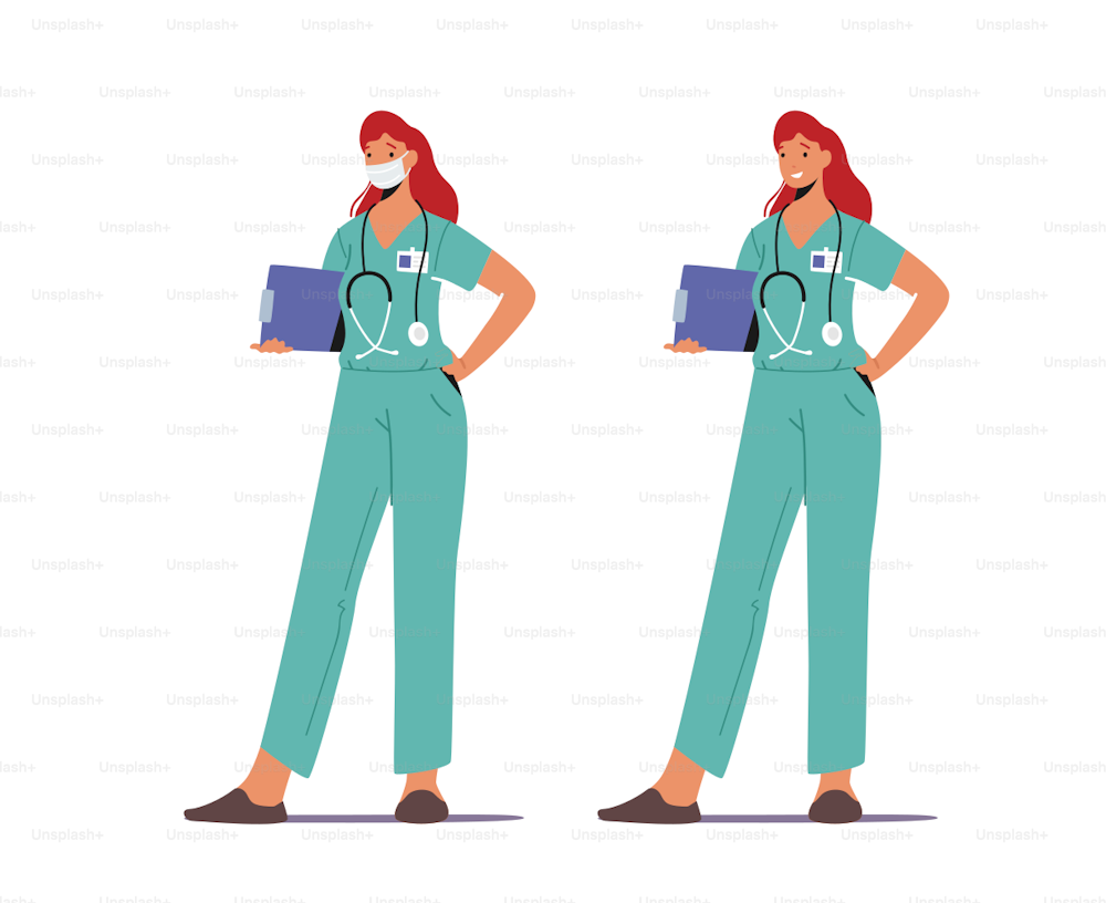 Hospital Healthcare Staff at Work. Medicine Profession, Occupation. Female Doctor in Medical Robe with Stethoscope Holding Notebook in Hands Stand in Clinic Chamber. Cartoon People Vector Illustration