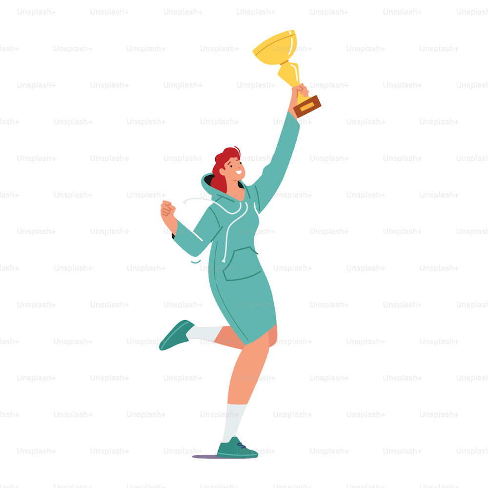Successful Businesswoman in Casual Dress Jump with Golden Goblet in Hand Celebrating Victory in Competition. Business Woman Winner Celebrate Win in Corporate Competition. Cartoon Vector Illustration