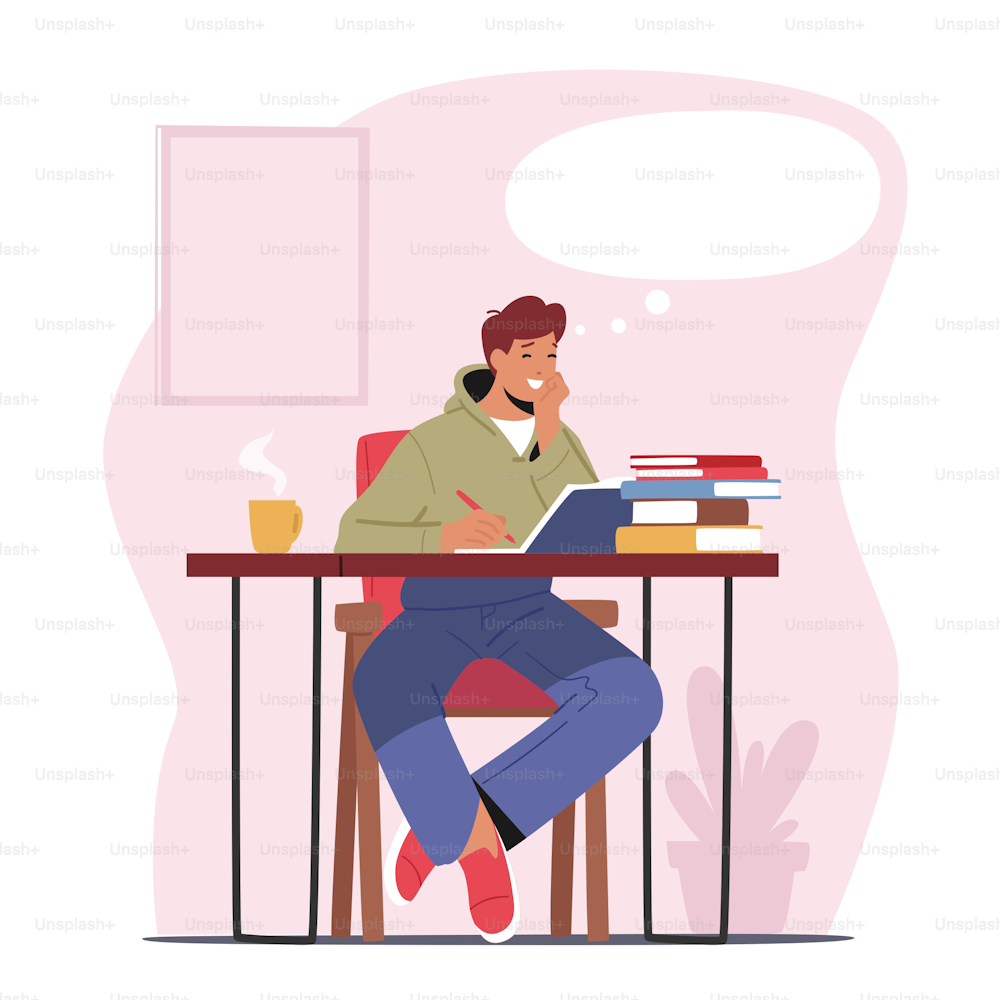 Happy Male Character Dreaming Sit in Thoughtful Pose at Working Desk with Books Pile and Steaming Coffee Cup. Man Imagine Something Pleasant with Empty Bubble above Head. Cartoon Vector Illustration