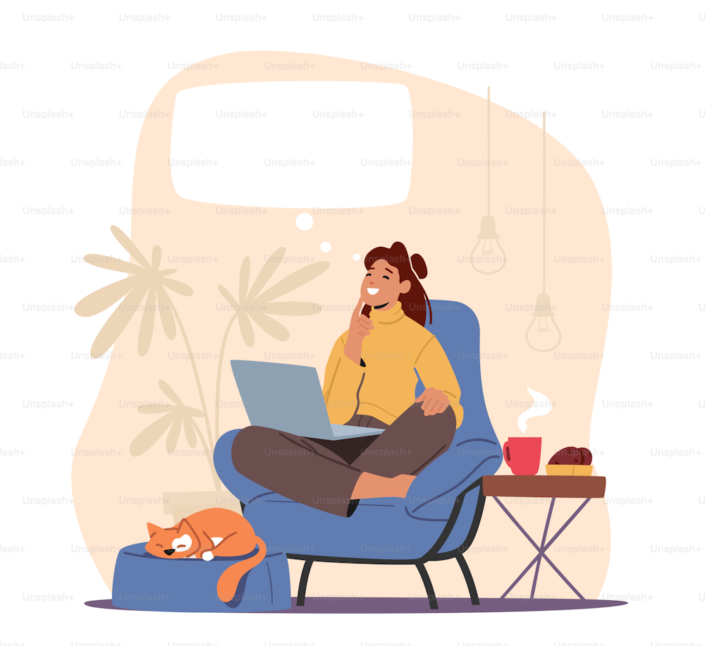 Happy Female Character Dreaming in Thoughtful Pose at Armchair with Notebook, Sleeping Cat and Steaming Coffee Cup Imagine Something Pleasant with Empty Bubble above Head. Cartoon Vector Illustration