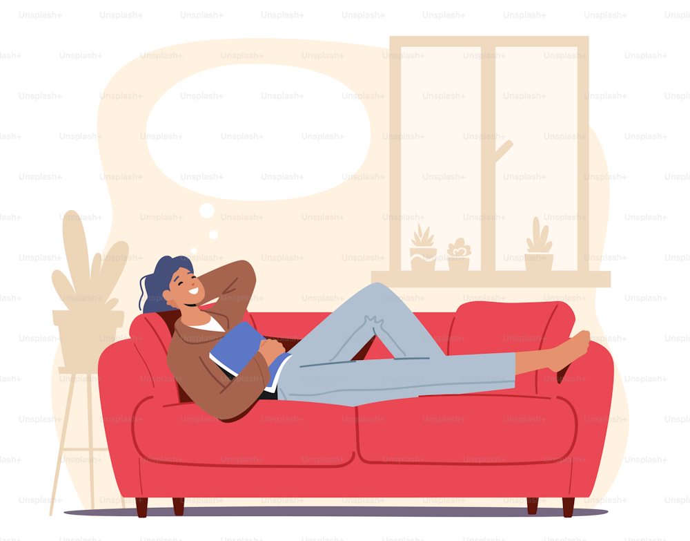Personaje femenino relajado en ropa de hogar acostado en un cómodo sofá con libro en las manos Imagine algo agradable con burbuja vacía sobre la cabeza. Mujer soñando, relajándose. Ilustración vectorial de dibujos animados