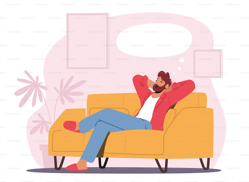 Personaggio maschile rilassato in abiti domestici e pantofole seduto in un comodo divano che sbadiglia, immagina qualcosa di piacevole con bolla vuota sopra la testa. Sognare, rilassarsi nel tempo libero. Illustrazione vettoriale del fumetto