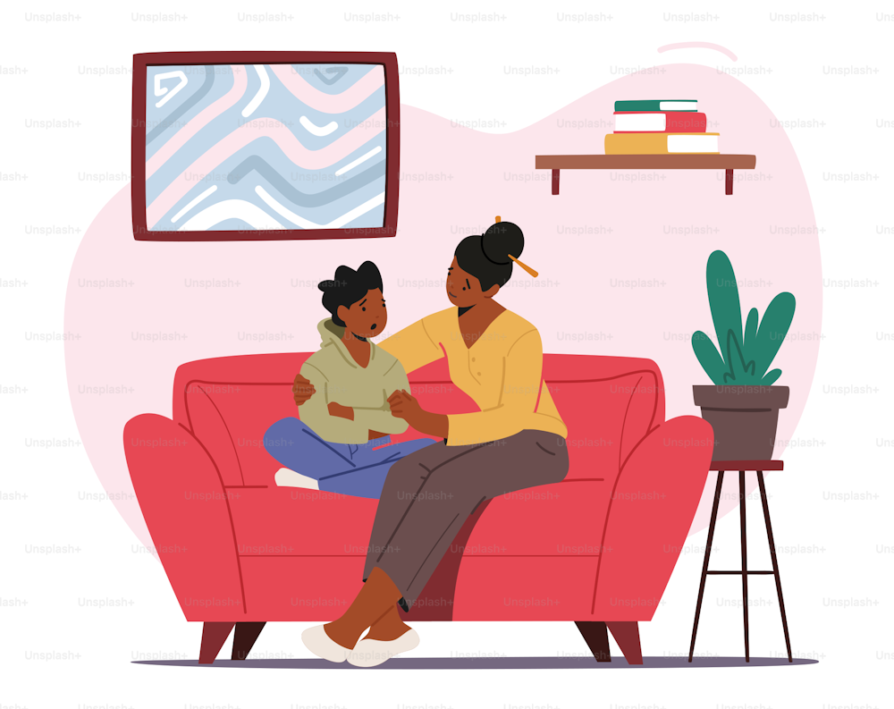 Mother Comforting Child Sitting on Sofa in Living Room. Mom and Son Talking of Problems, Parent Character Support and Embrace Boy. Loving Relations, Parenting. Cartoon People Vector Illustration