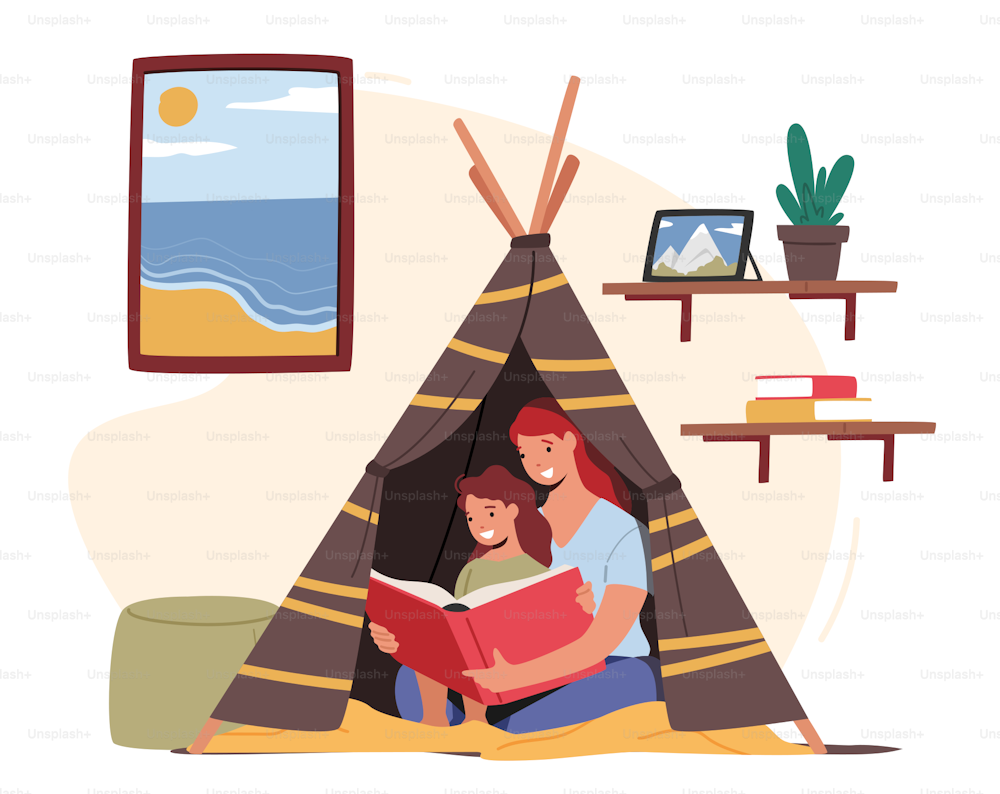 Mother Reading with Little Daughter Sitting in Toy Wigwam in Kids Room. Happy Family Characters Spending Time Together. Mom Read Fairy Tale before Sleeping to Girl. Cartoon People Vector Illustration