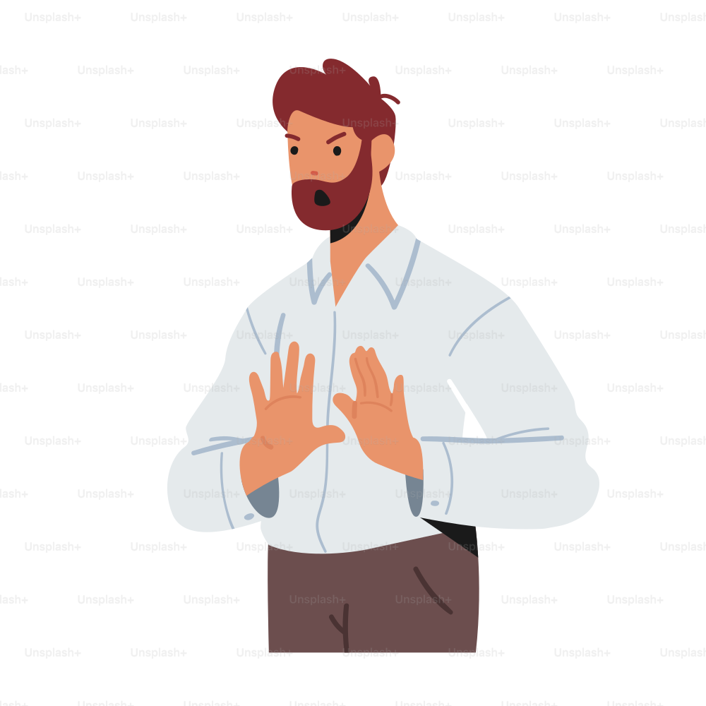 Bearded Adult Male Character Wearing Formal Wear Showing Refusal or Stop Gesture with Open Hand Palms front of Chest. Negative Emotions, Communication, Feelings Expression. Cartoon Vector Illustration