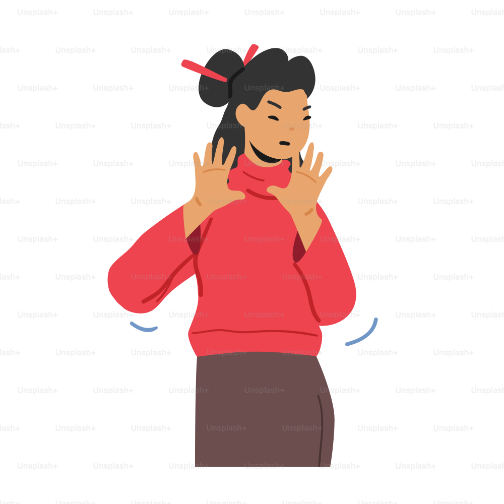 カジュアルな服を着たアジアの女性キャラクターは、胸の前に手のひらを開いて拒否または停止するジェスチャーを示し、否定的な感情、コミュニケーション、不同意の感情を表現する。漫画のベクターイラスト