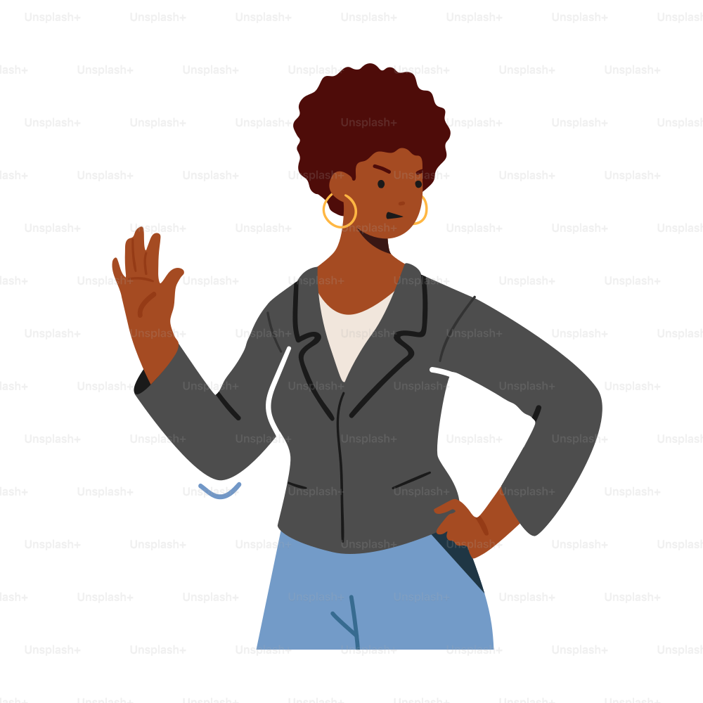 African Female Character in Formal Wear Showing Refusal or Stop Gesture with Open Hand Palm Expressing Negative Emotions, Communication, Disagree Feelings Gesturing. Cartoon Vector Illustration