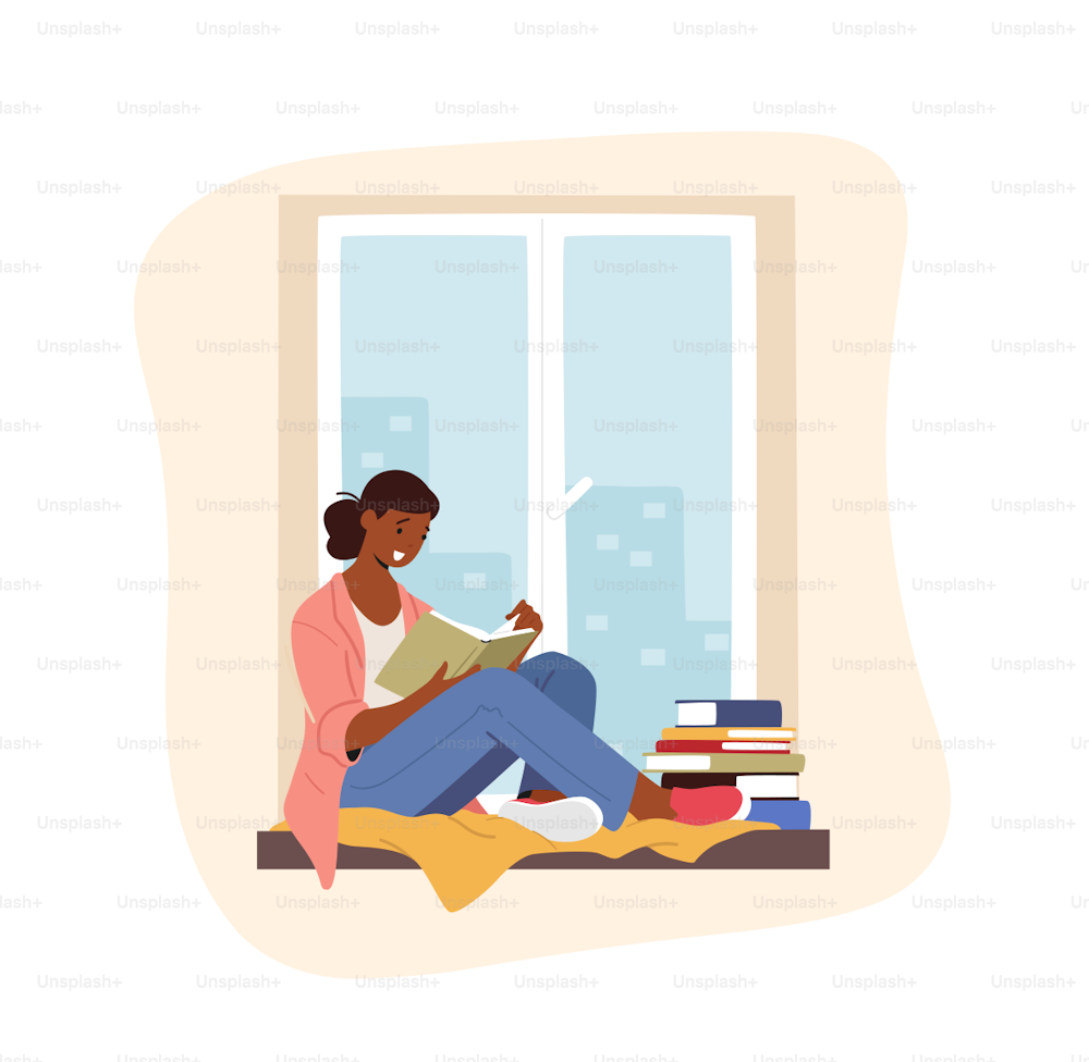 Education, Reading Hobby Concept. Woman Character Sitting on Windowsill Read Book. College or University Student Prepare to Exam, Back to School, Gaining Knowledge. Cartoon Vector Illustration
