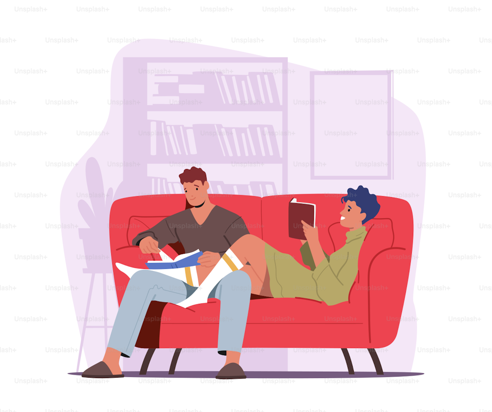 Los personajes jóvenes pasan tiempo libre juntos. Pareja mujer y hombre sentados en el sofá de casa leyendo libros, amor y relaciones amorosas ocio, fin de semana, tiempo libre relajado. Ilustración vectorial de Cartoon People