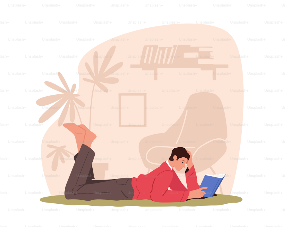 Male Character Gaining Knowledge, Education or Reading Hobby Concept. Man Lying on Floor Read Book at Home. College or University Student Prepare to Exam, Back to School. Cartoon Vector Illustration